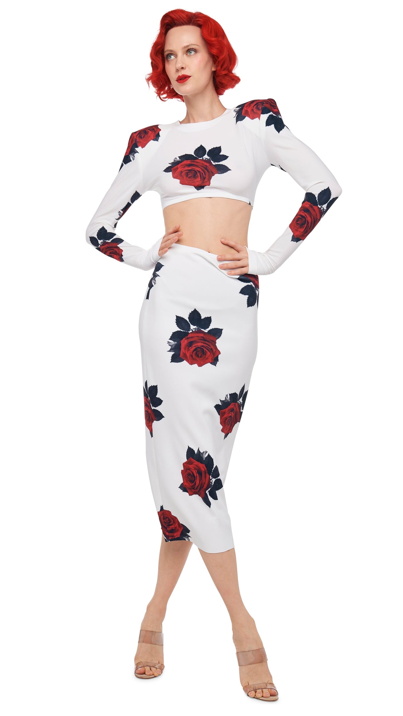 CROPPED SHOULDER PAD LONG SLEEVE CREW TOP Red Rose | Norma Kamali Women