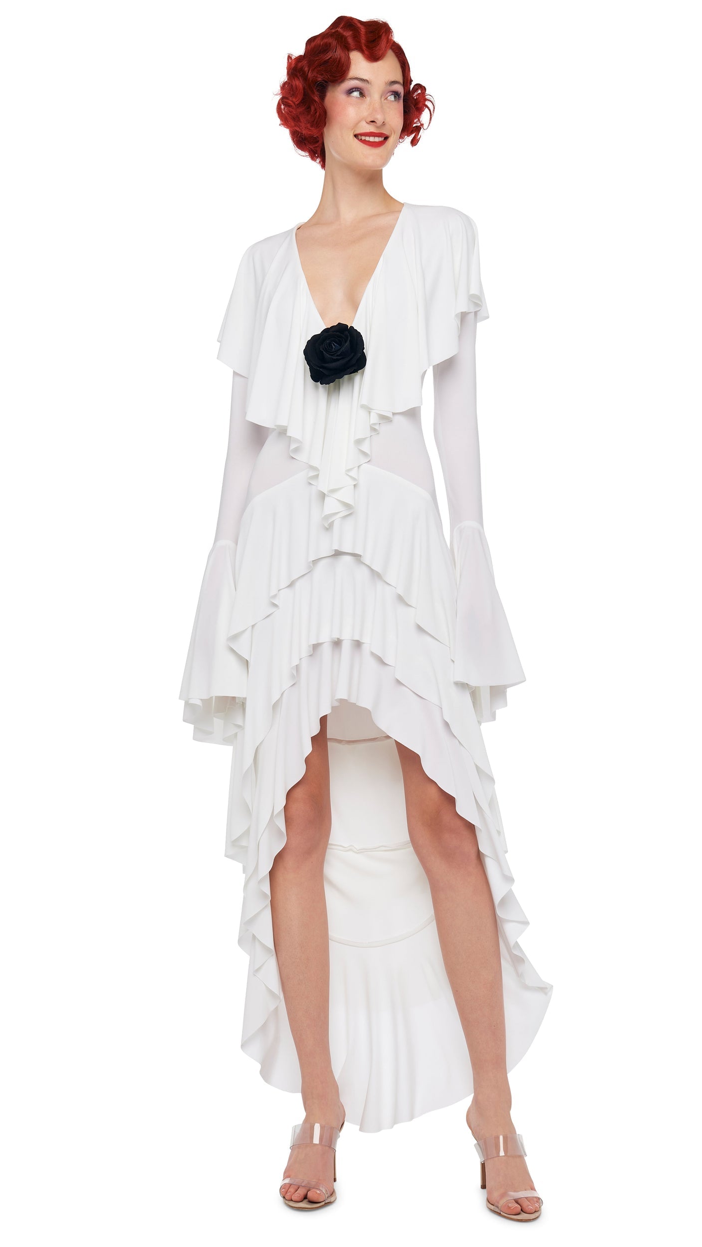 HI LOW LONG SLEEVE DEEP V RUFFLE GOWN Snow White | Norma Kamali Women