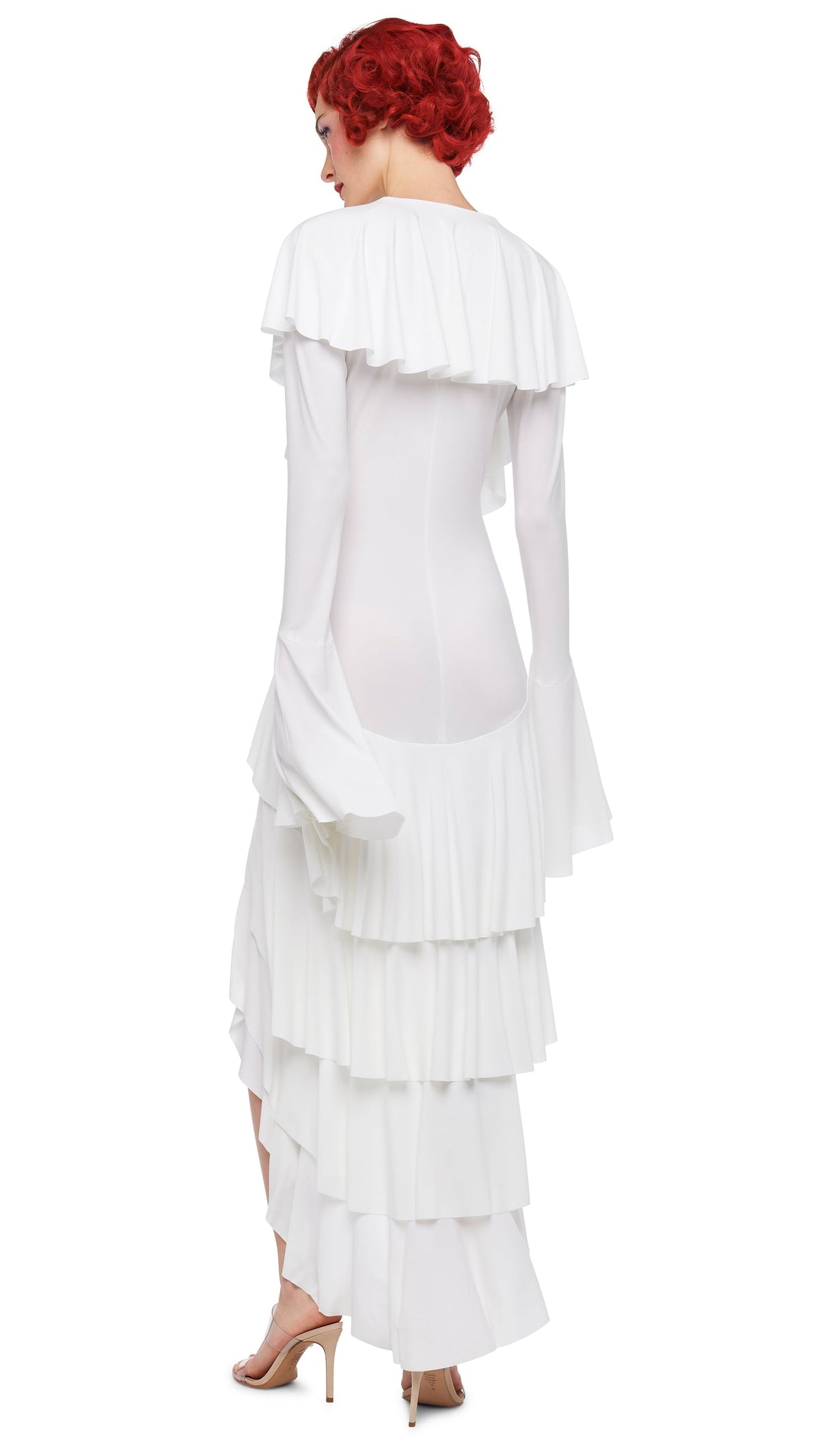 HI LOW LONG SLEEVE DEEP V RUFFLE GOWN Snow White | Norma Kamali Women