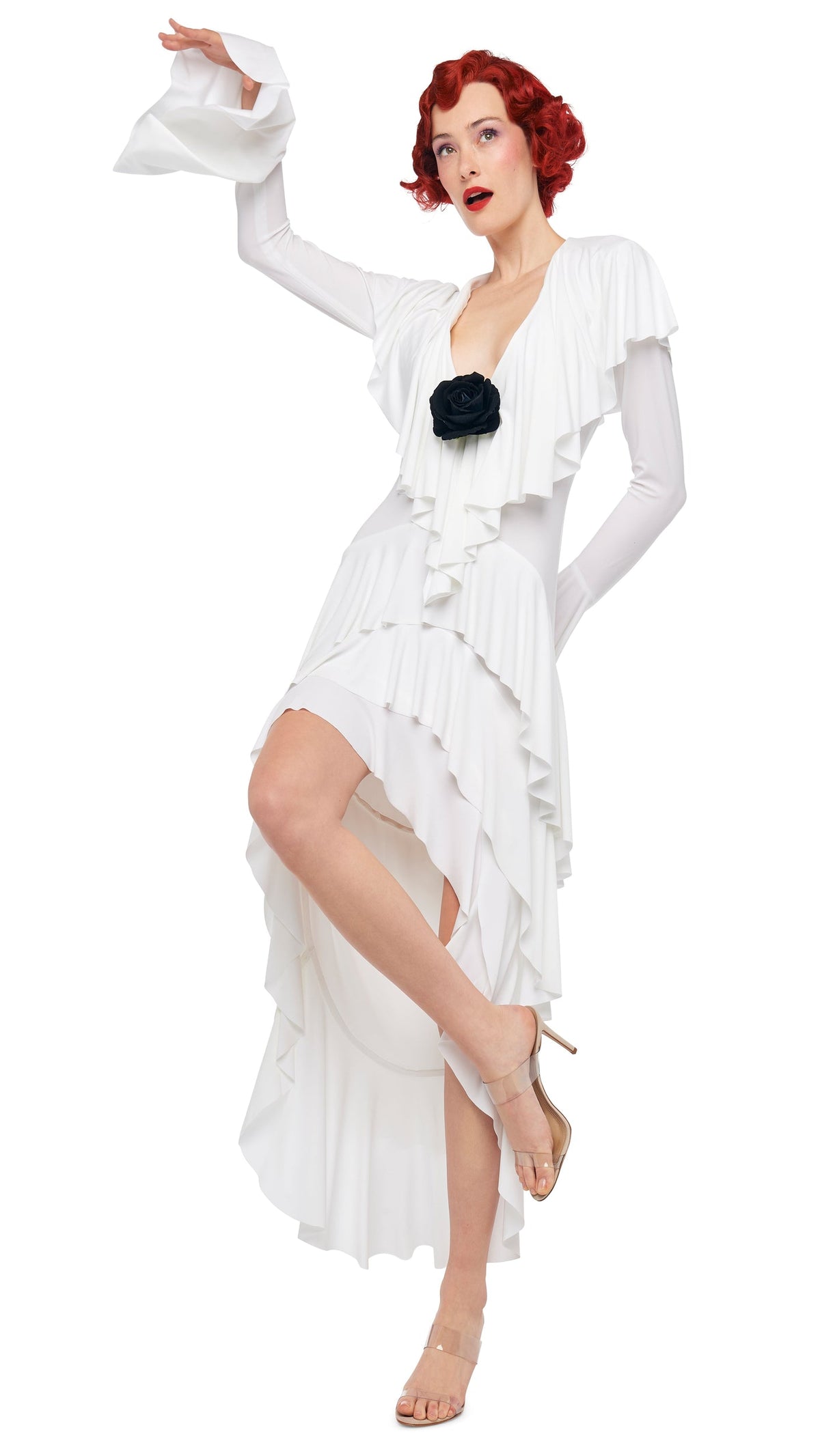 HI LOW LONG SLEEVE DEEP V RUFFLE GOWN Snow White | Norma Kamali Women