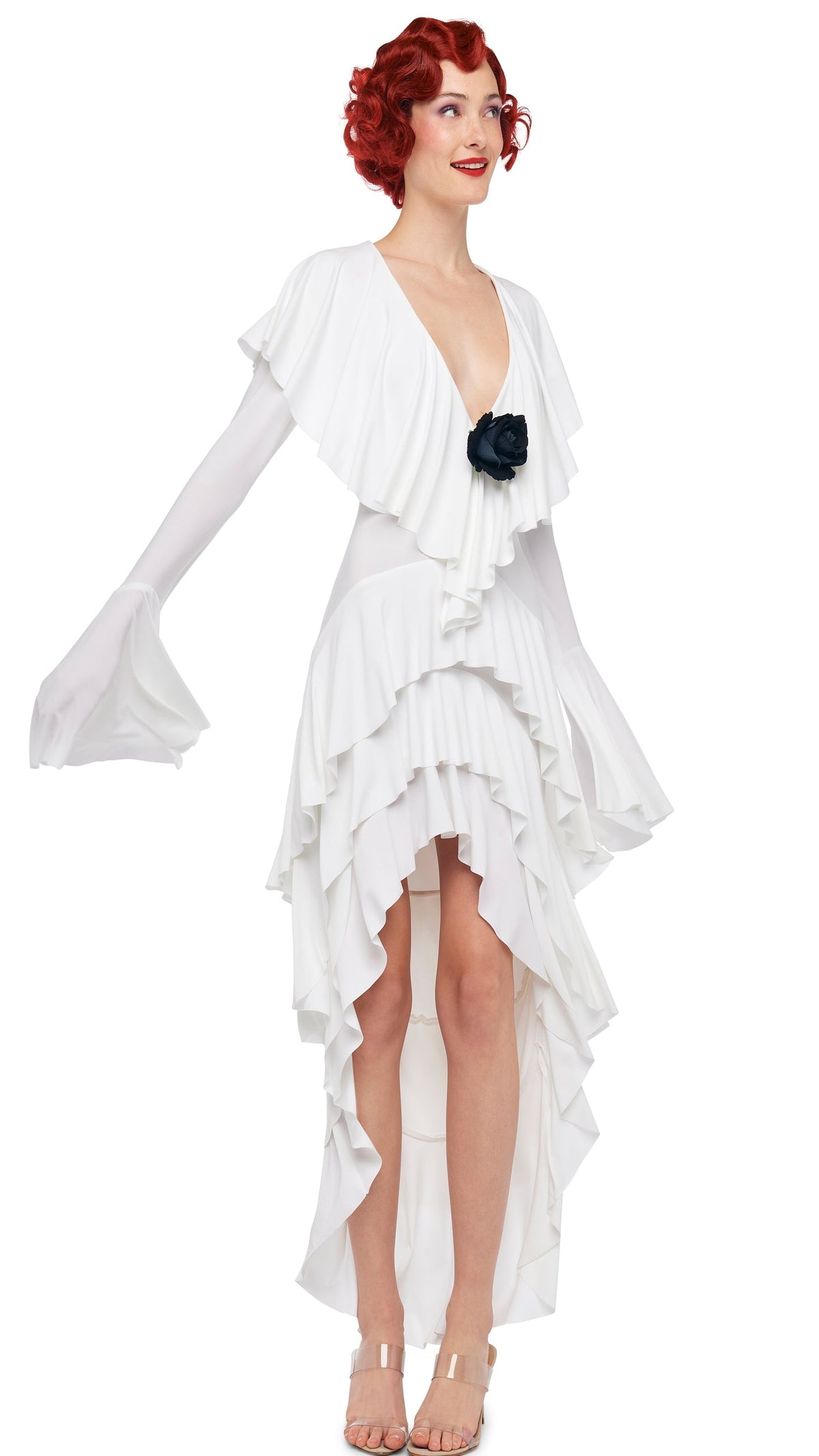 HI LOW LONG SLEEVE DEEP V RUFFLE GOWN Snow White | Norma Kamali Women