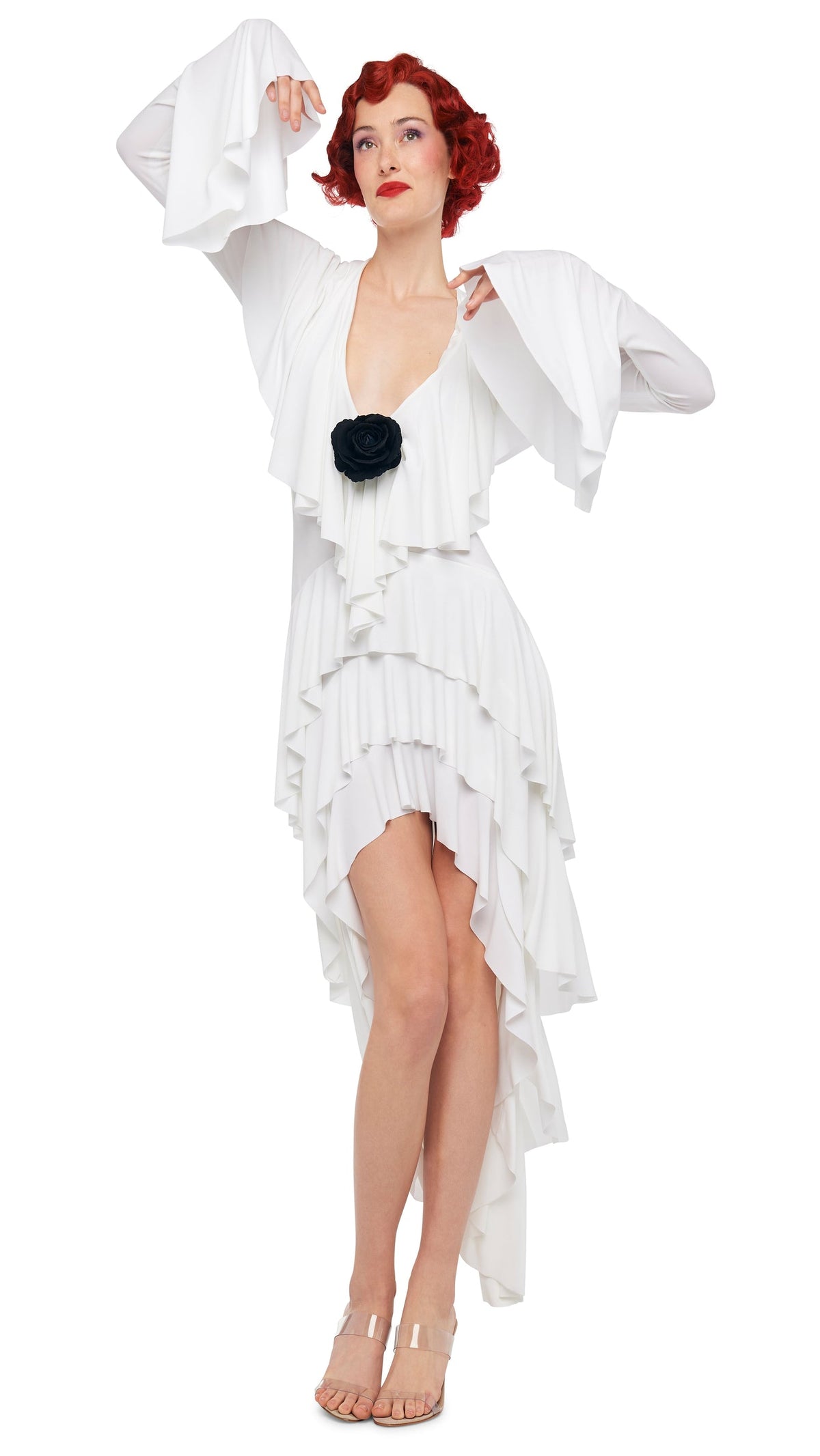 HI LOW LONG SLEEVE DEEP V RUFFLE GOWN Snow White | Norma Kamali Women