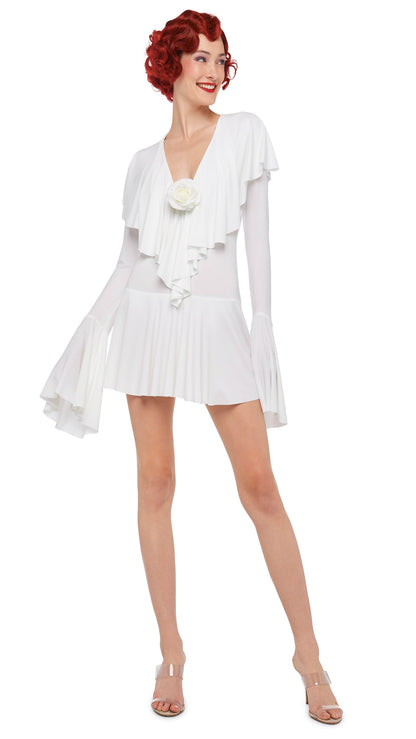 LONG SLEEVE DEEP V RUFFLE MINI DRESS Snow White | Norma Kamali Women