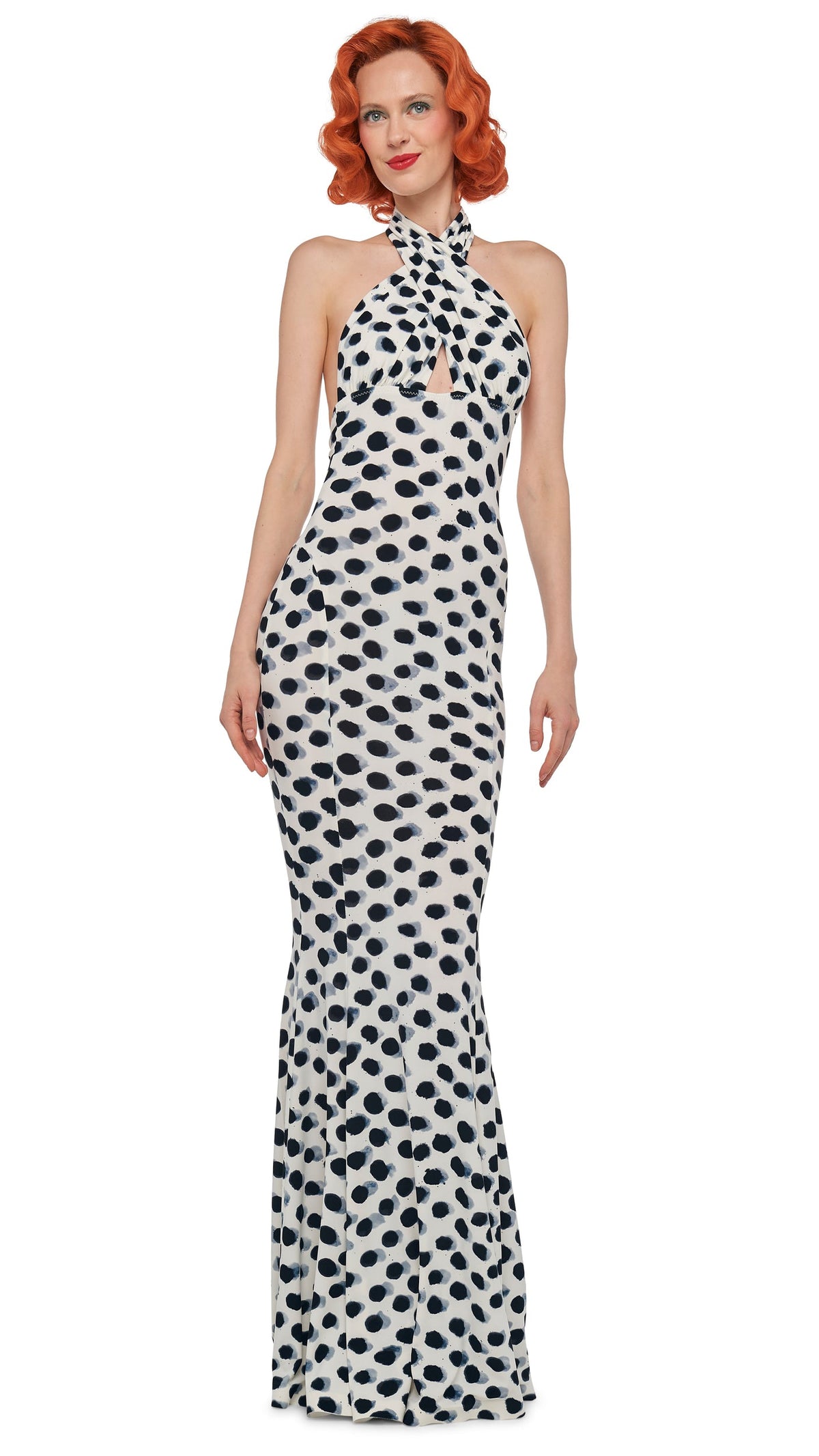 CROSS HALTER FISHTAIL GOWN Paint Dots | Norma Kamali Women