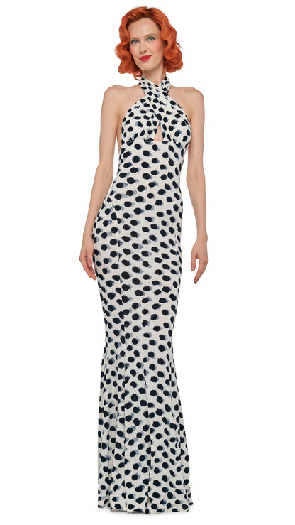 CROSS HALTER FISHTAIL GOWN Paint Dots | Norma Kamali Women