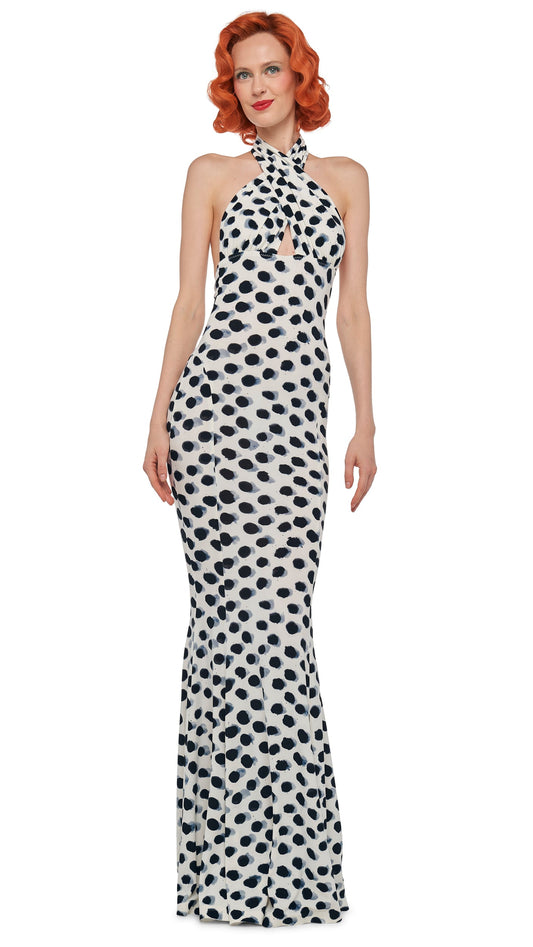 CROSS HALTER FISHTAIL GOWN Paint Dots | Norma Kamali Women