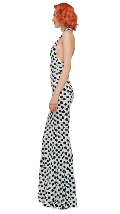 CROSS HALTER FISHTAIL GOWN Paint Dots | Norma Kamali Women