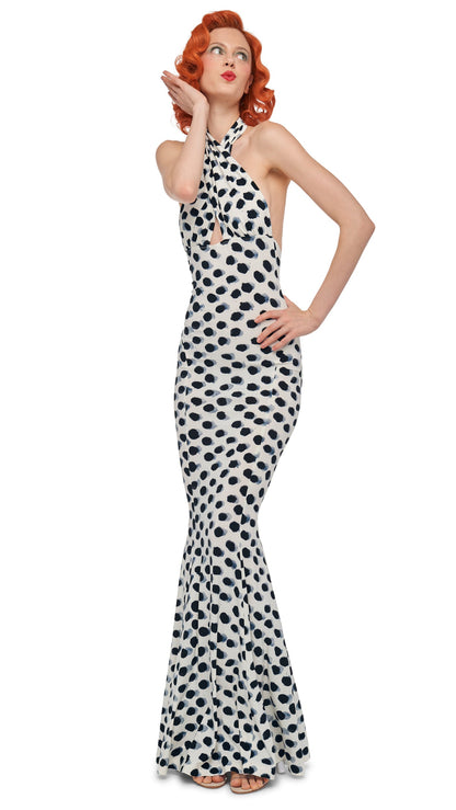 CROSS HALTER FISHTAIL GOWN Paint Dots | Norma Kamali Women