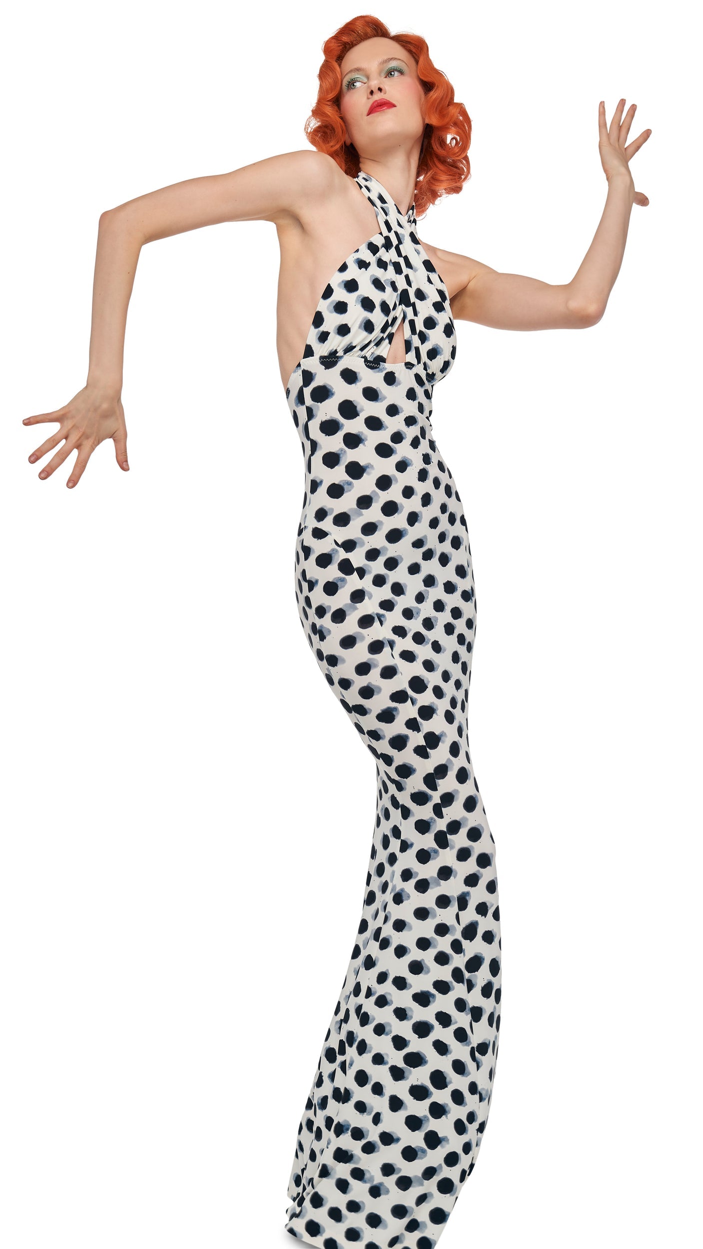 CROSS HALTER FISHTAIL GOWN Paint Dots | Norma Kamali Women