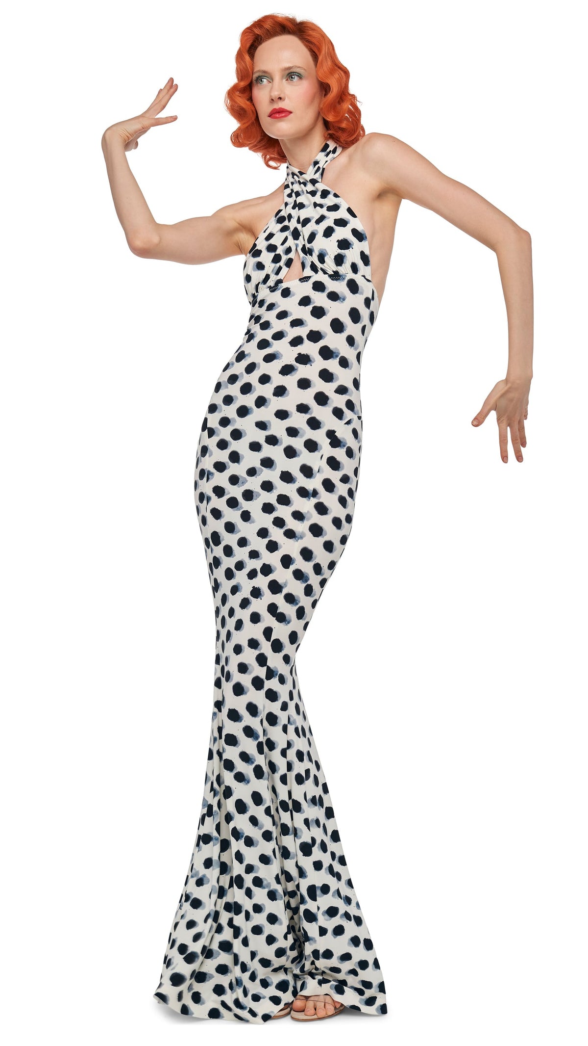 CROSS HALTER FISHTAIL GOWN Paint Dots | Norma Kamali Women