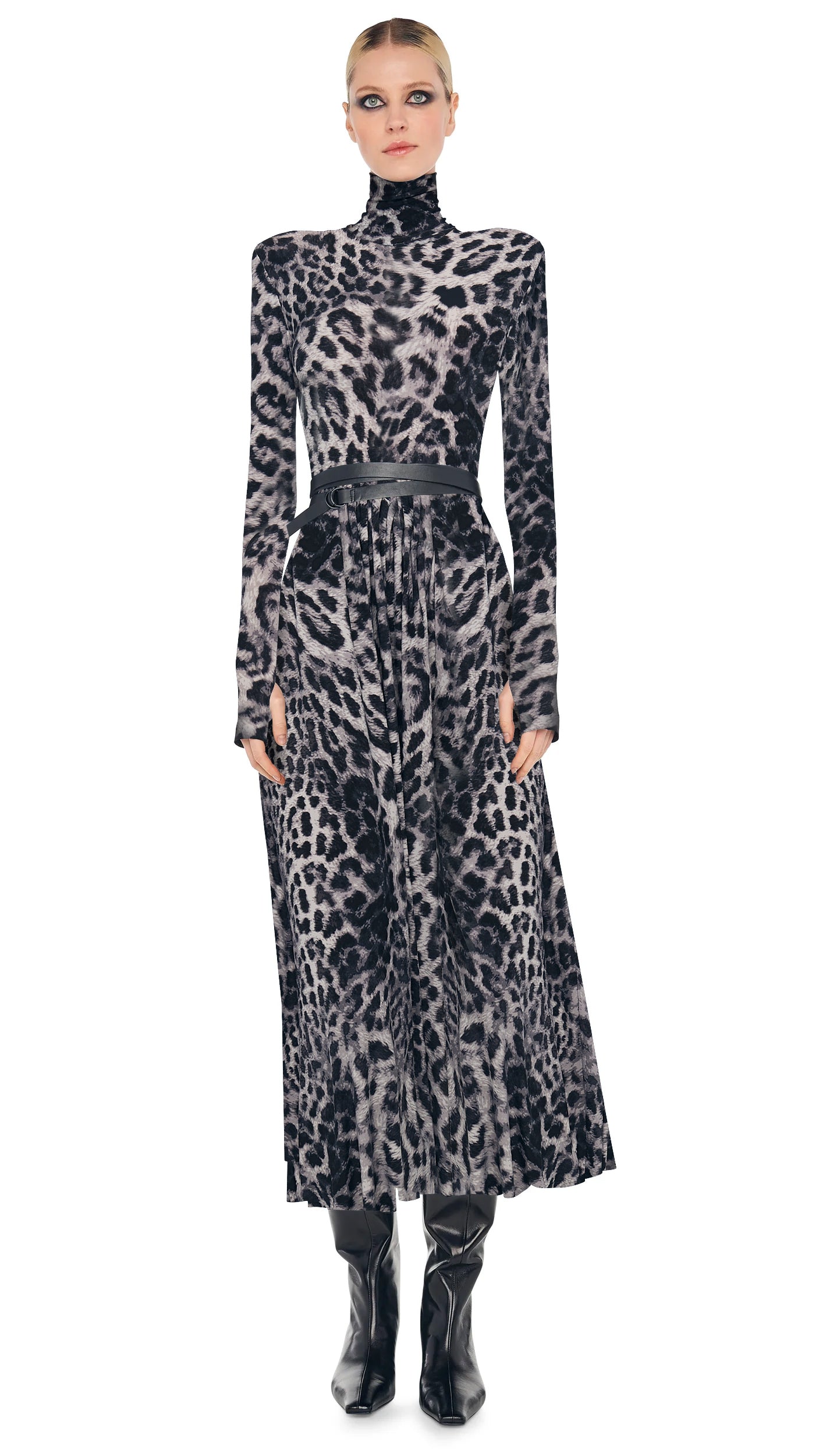 LS SHOULDER PAD TURTLE FLARED DRESS TO MIDCALF Animal | Norma Kamali Women