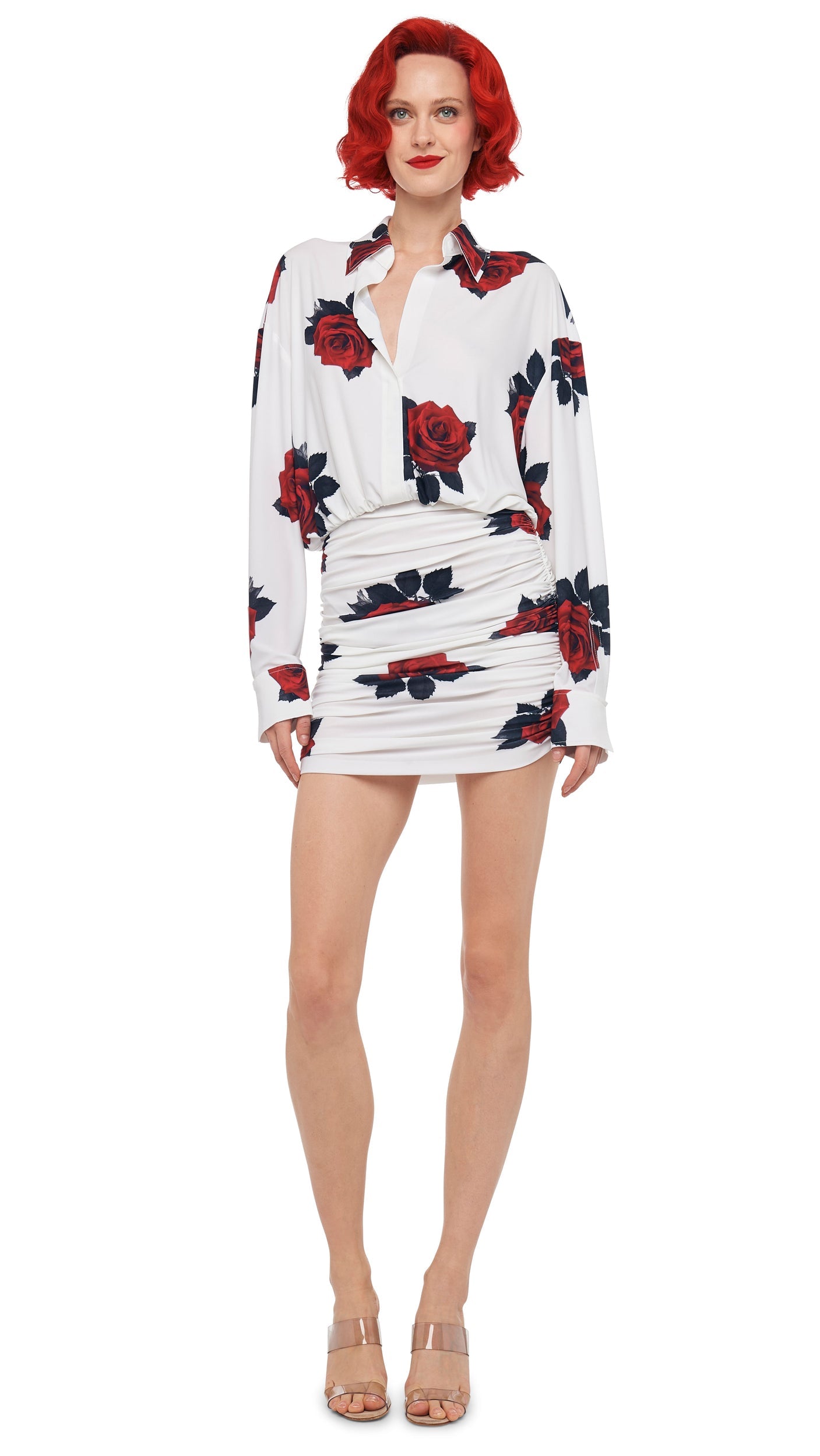 OVERSIZED BF NK SHIRT SHIRRED BOTTOM MINI DRESS Red Rose | Norma Kamali Women