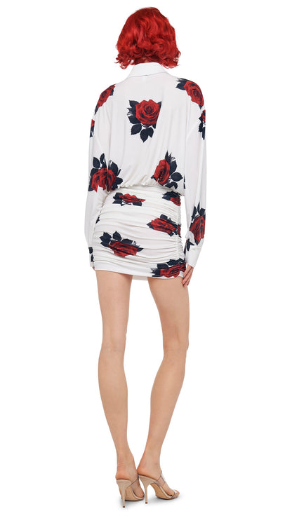 OVERSIZED BF NK SHIRT SHIRRED BOTTOM MINI DRESS Red Rose | Norma Kamali Women