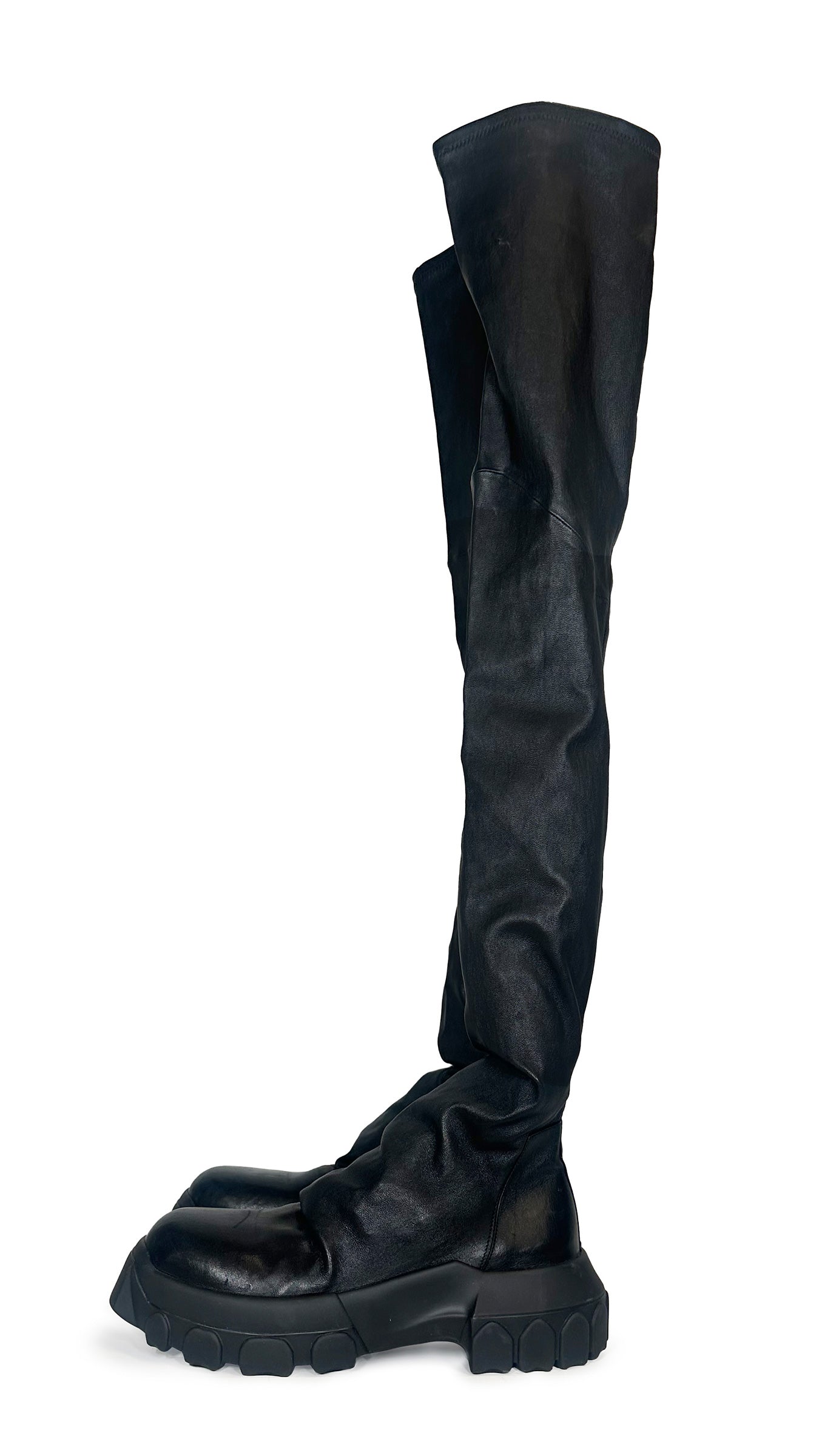 RICK OWENS LEATHER BOZO THIGH HIGH BOOTS  | Norma Kamali Women