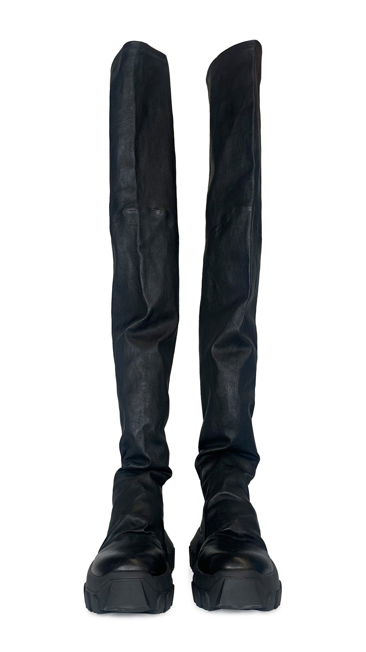 RICK OWENS LEATHER BOZO THIGH HIGH BOOTS  | Norma Kamali Women
