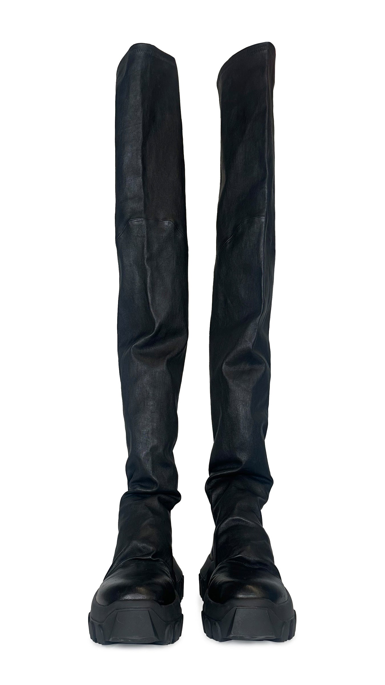 RICK OWENS LEATHER BOZO THIGH HIGH BOOTS  | Norma Kamali Women