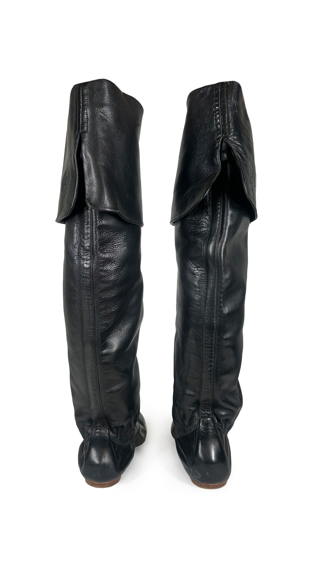 CHANEL INTERLOCKING CC LOGO CALFSKIN RIDING BOOTS  | Norma Kamali Women