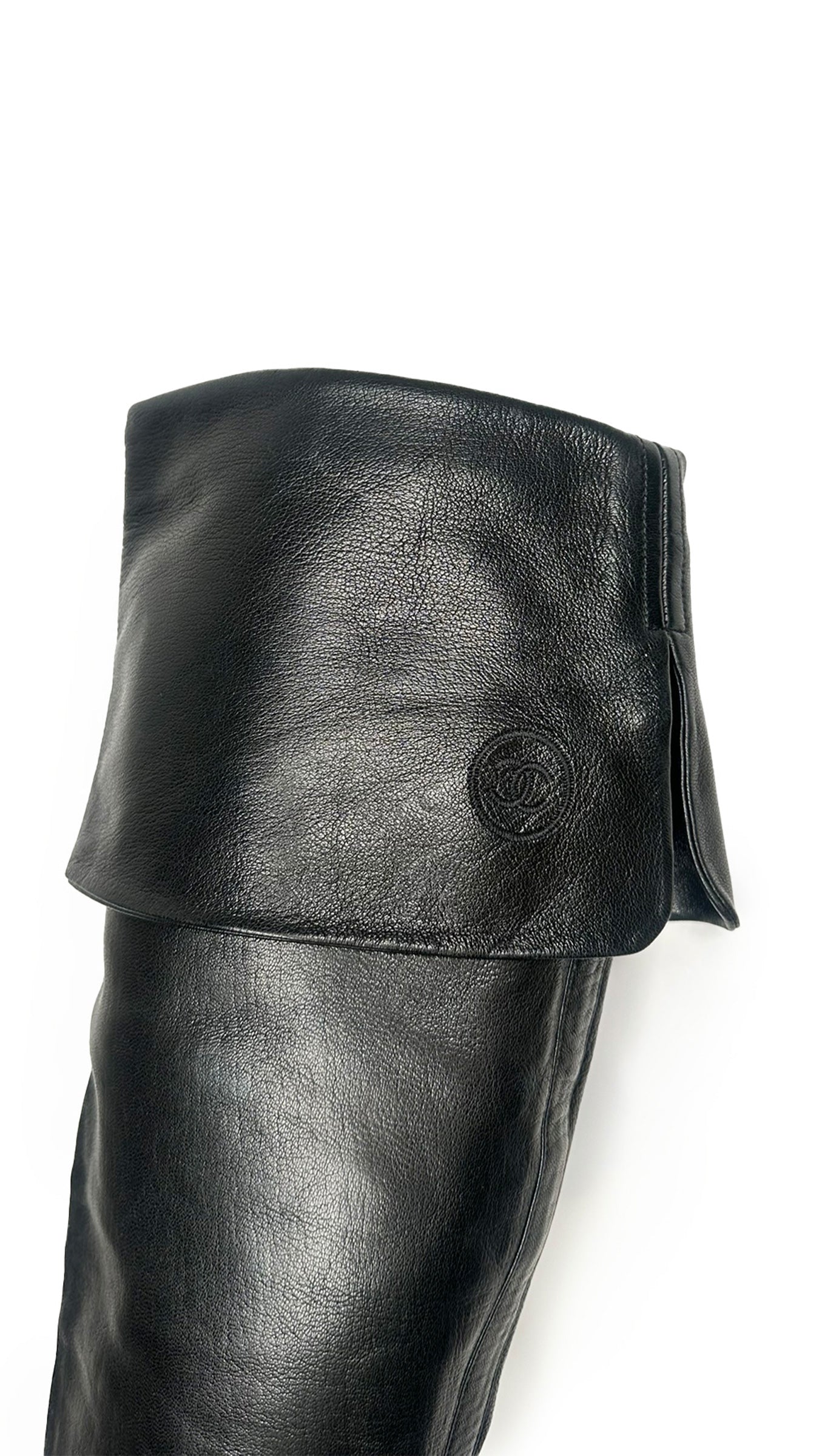 CHANEL INTERLOCKING CC LOGO CALFSKIN RIDING BOOTS  | Norma Kamali Women