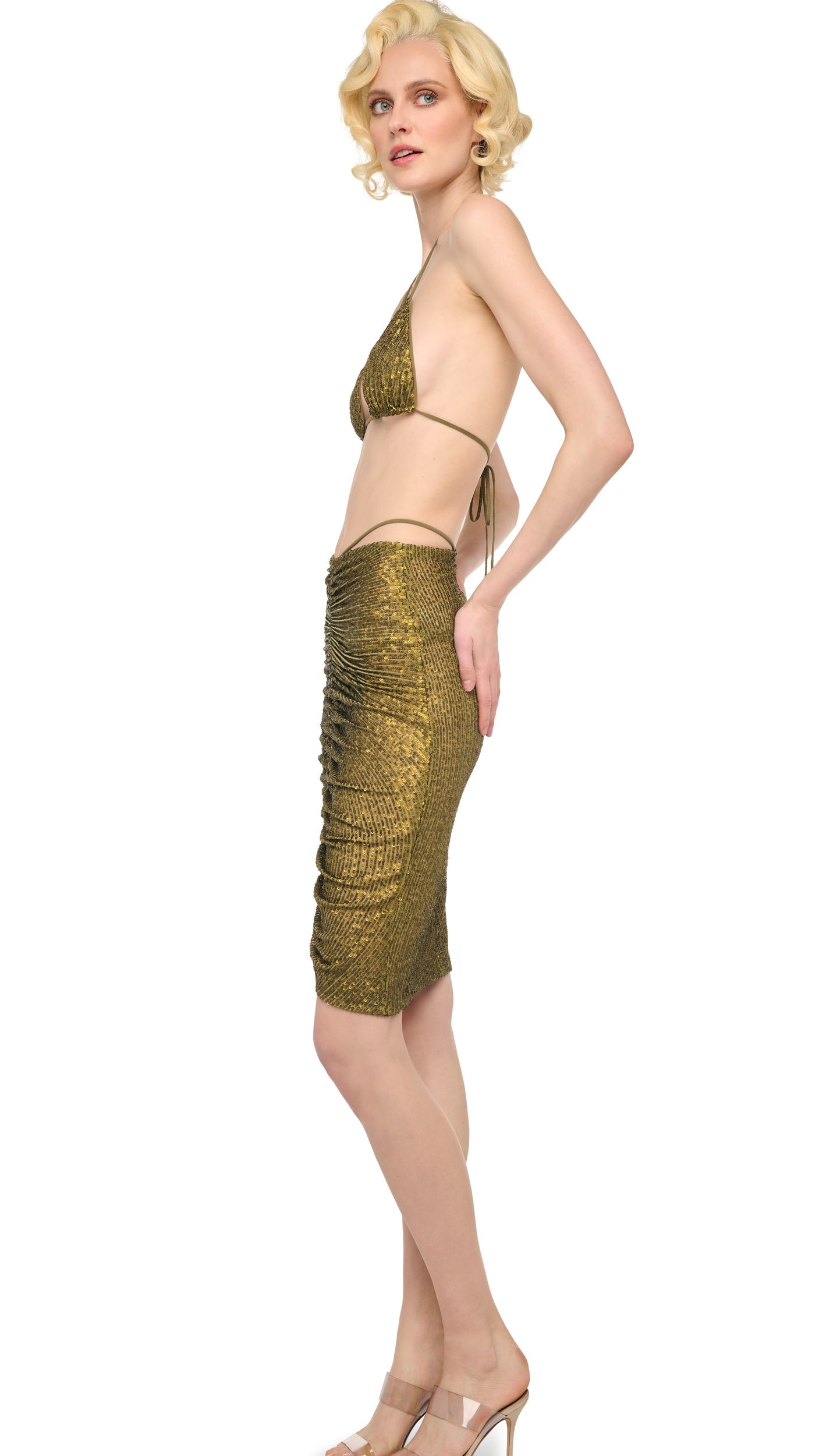 SHIRRED FRONT SKIRT TO KNEE Bark | Norma Kamali Women