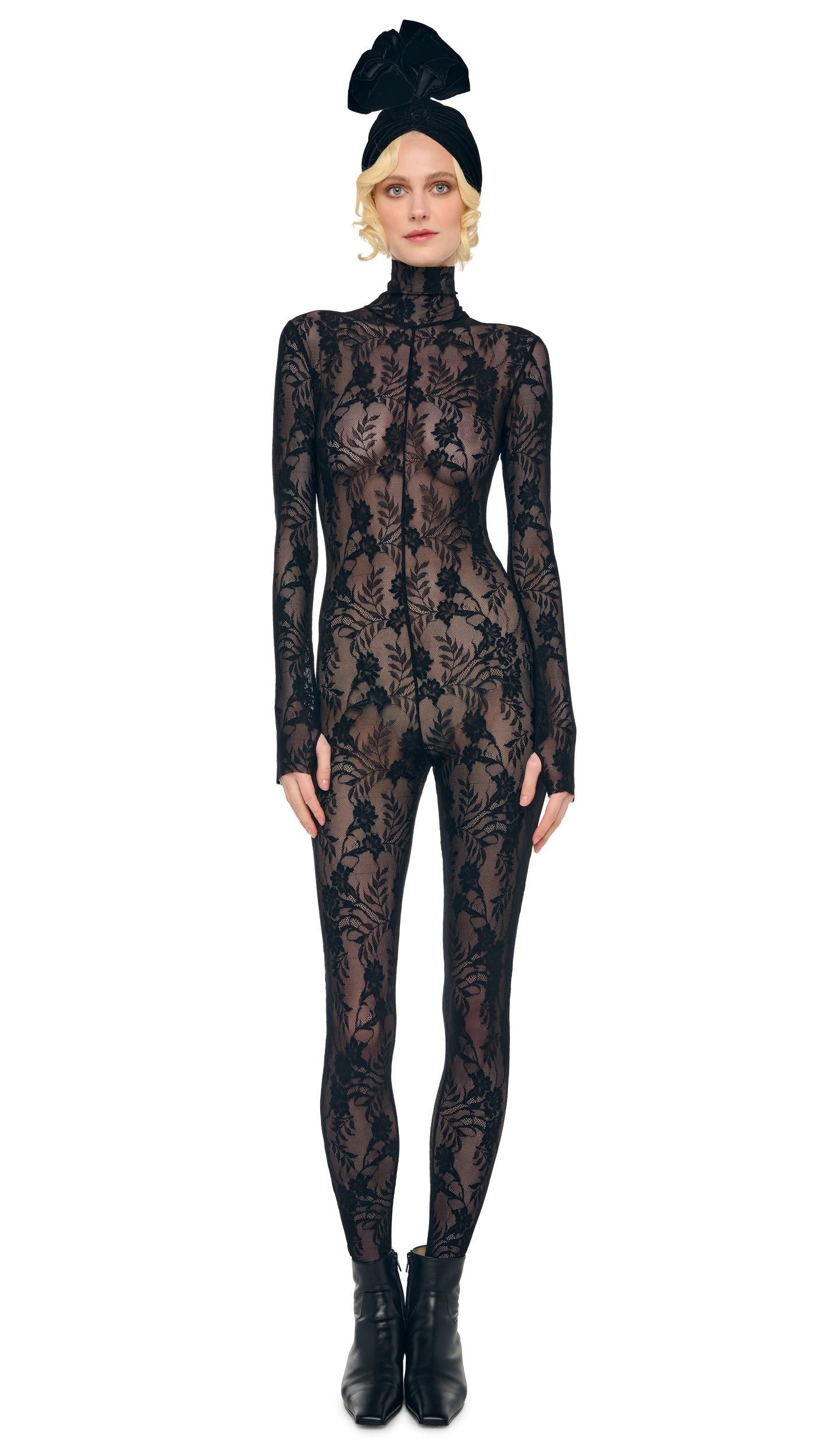 LONG SLEEVE SLIM FIT TURTLE CATSUIT W/ FOOTIE Black | Norma Kamali Women