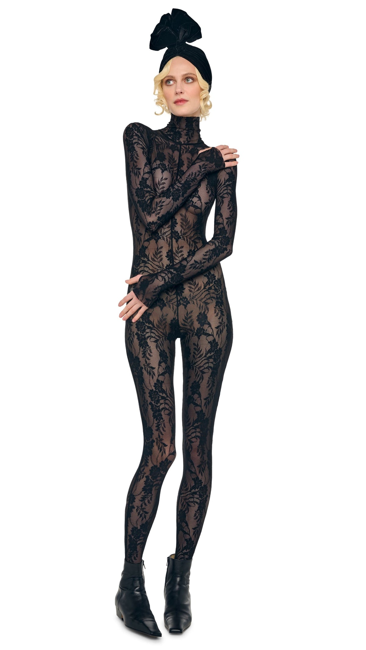 LONG SLEEVE SLIM FIT TURTLE CATSUIT W/ FOOTIE Black | Norma Kamali Women