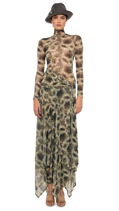 LONG SLEEVE SLIM FIT TURTLE CATSUIT Fall Flowers | Norma Kamali Women