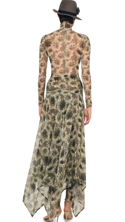LONG SLEEVE SLIM FIT TURTLE CATSUIT Fall Flowers | Norma Kamali Women