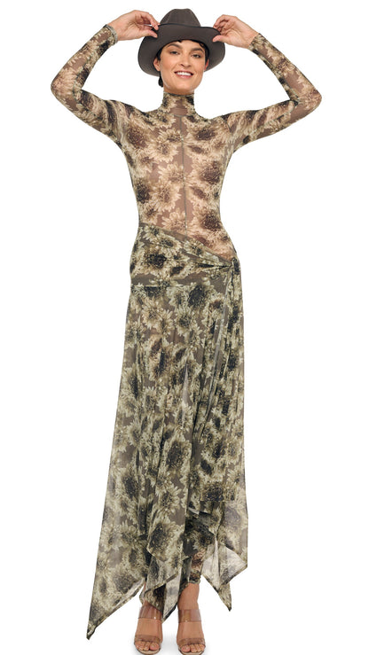LONG SLEEVE SLIM FIT TURTLE CATSUIT Fall Flowers | Norma Kamali Women