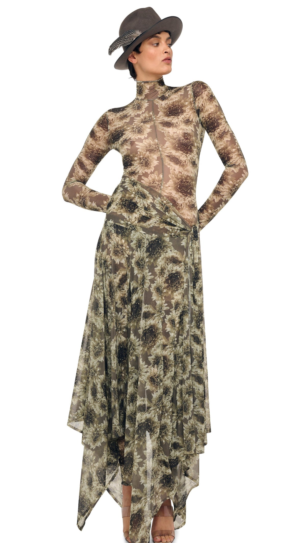 LONG SLEEVE SLIM FIT TURTLE CATSUIT Fall Flowers | Norma Kamali Women