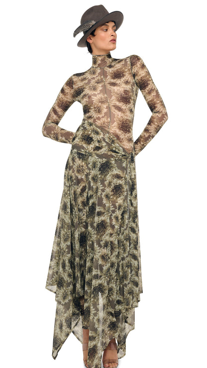 LONG SLEEVE SLIM FIT TURTLE CATSUIT Fall Flowers | Norma Kamali Women