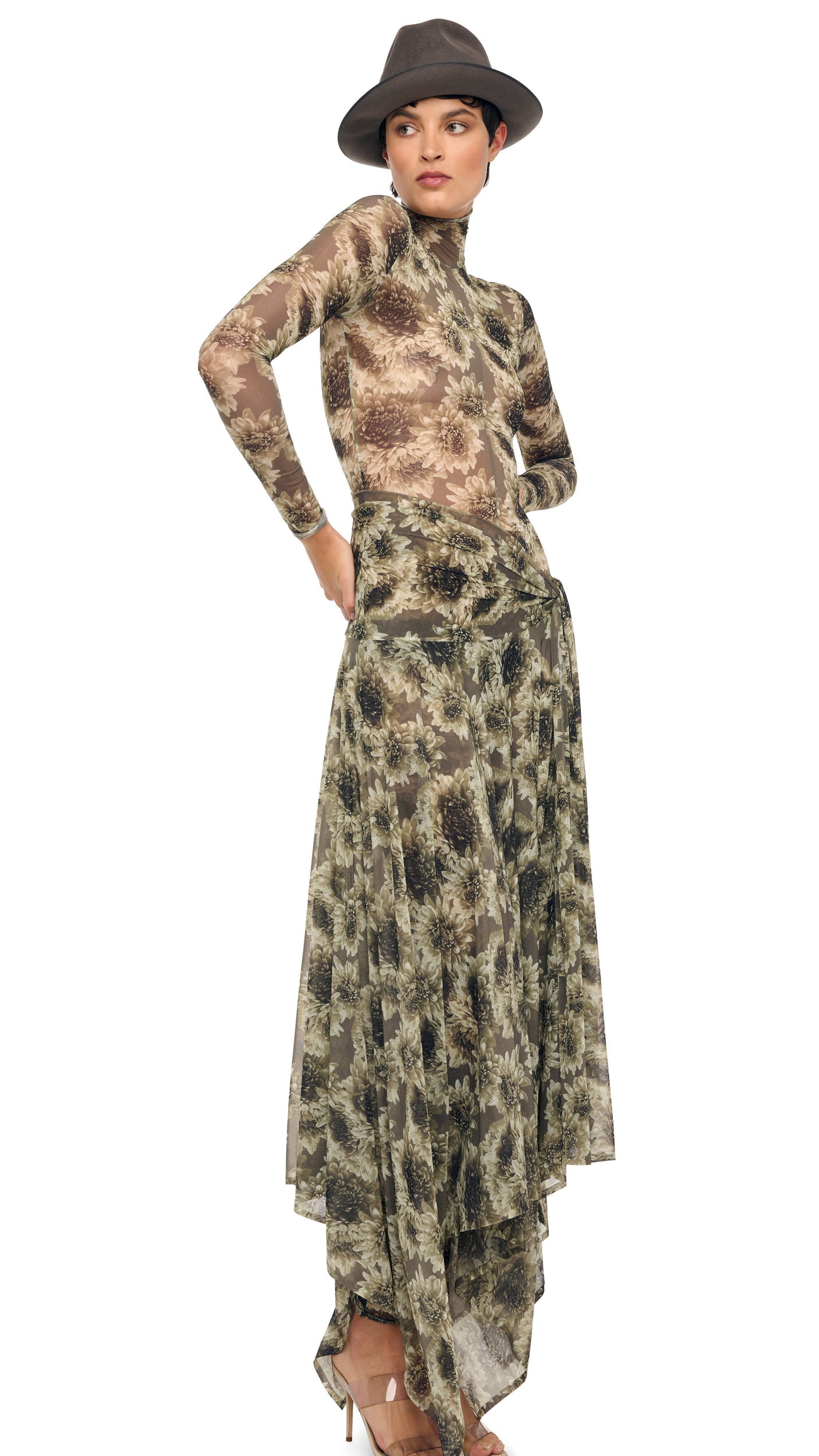 LONG SLEEVE SLIM FIT TURTLE CATSUIT Fall Flowers | Norma Kamali Women