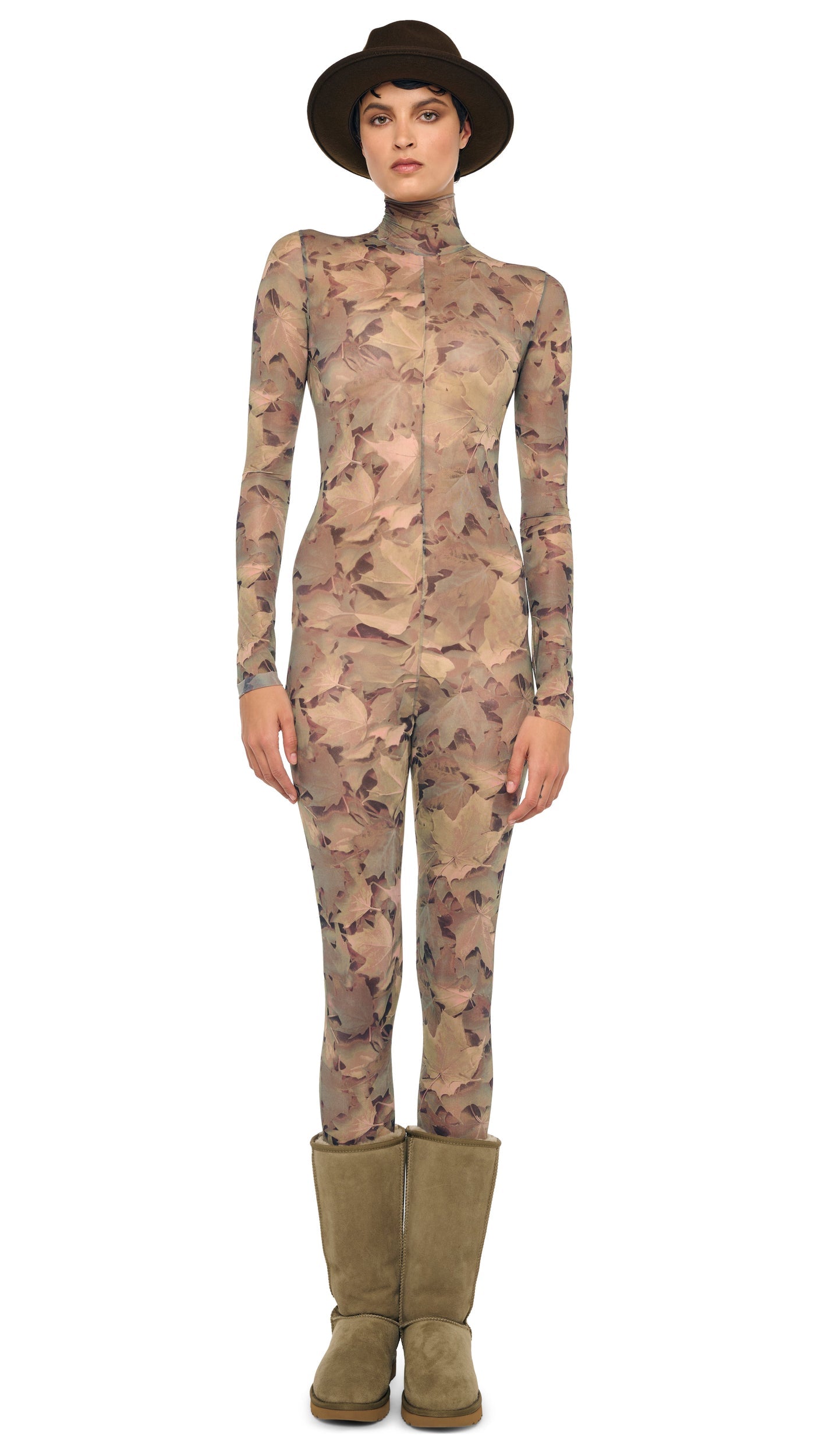 LONG SLEEVE SLIM FIT TURTLE CATSUIT Autumn Leaves | Norma Kamali Women
