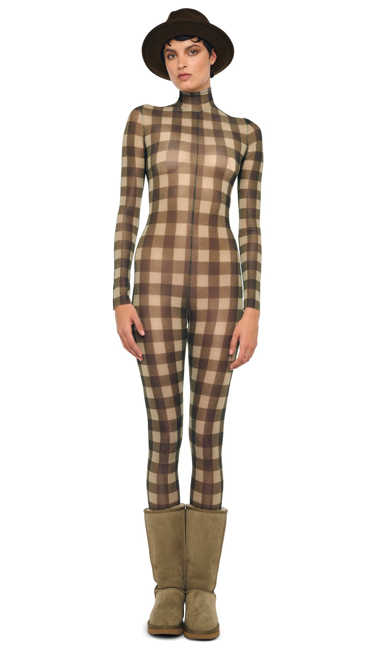 LONG SLEEVE SLIM FIT TURTLE CATSUIT Bark Box Plaid | Norma Kamali Women