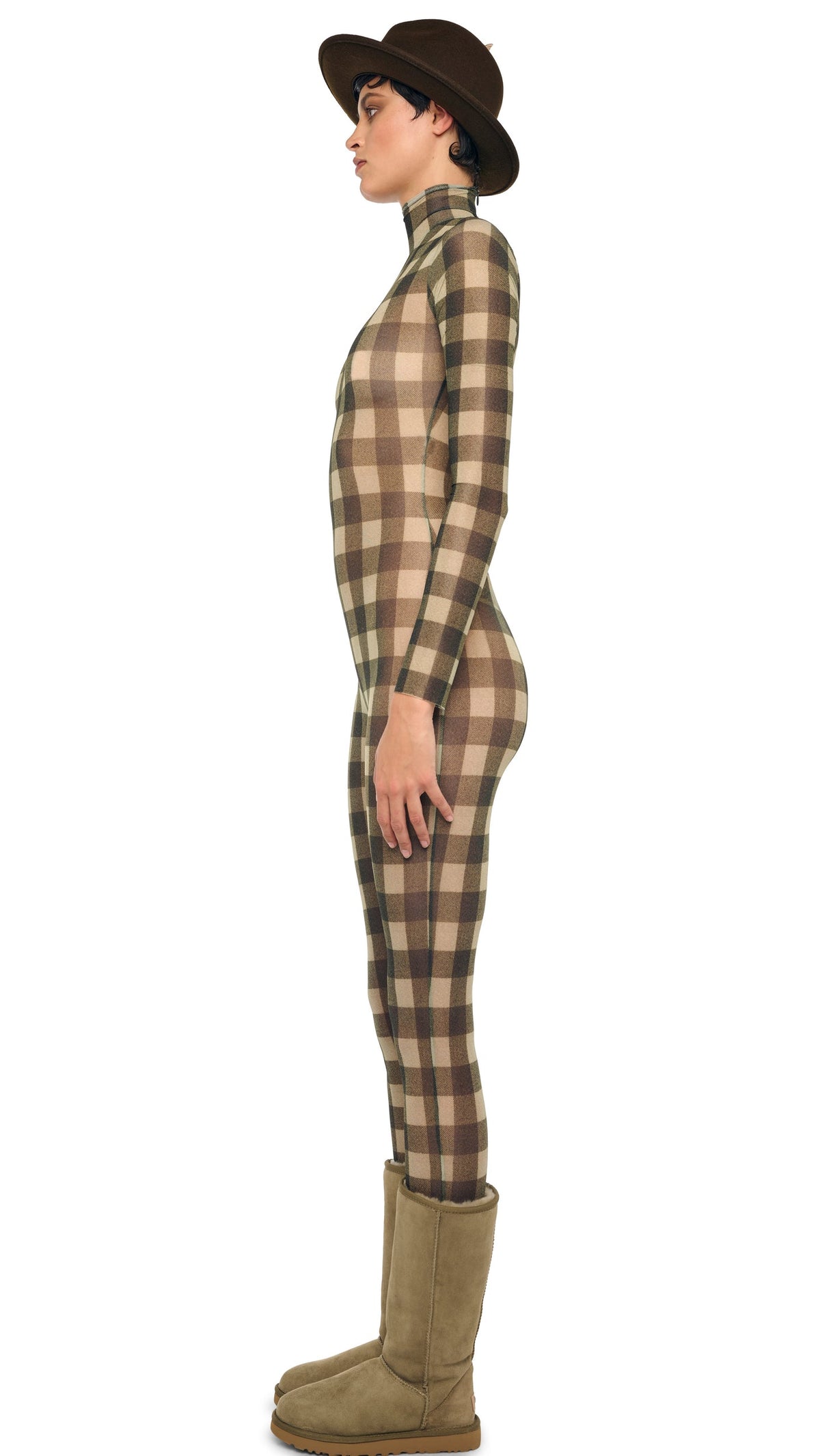 LONG SLEEVE SLIM FIT TURTLE CATSUIT Bark Box Plaid | Norma Kamali Women