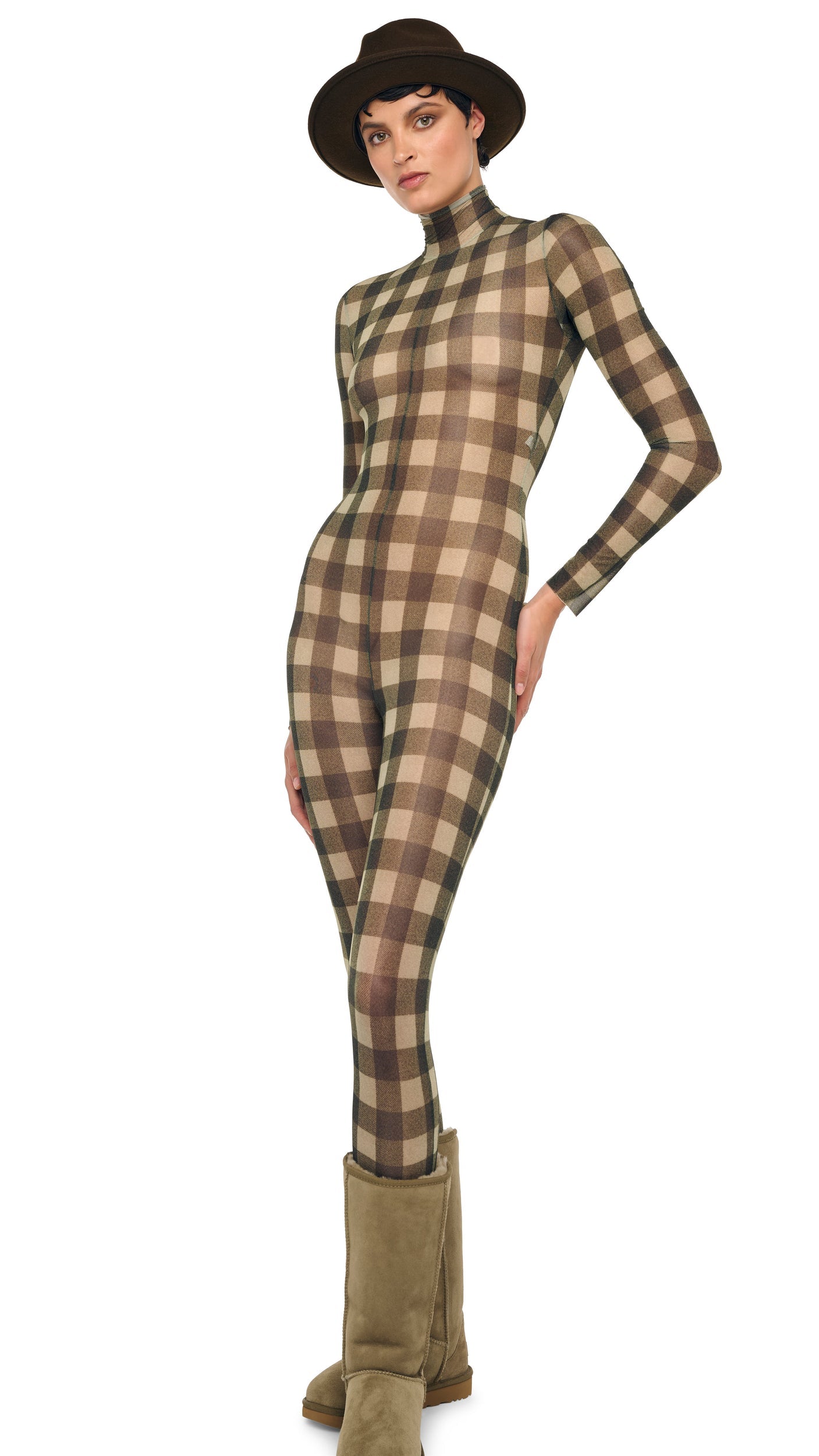 LONG SLEEVE SLIM FIT TURTLE CATSUIT Bark Box Plaid | Norma Kamali Women