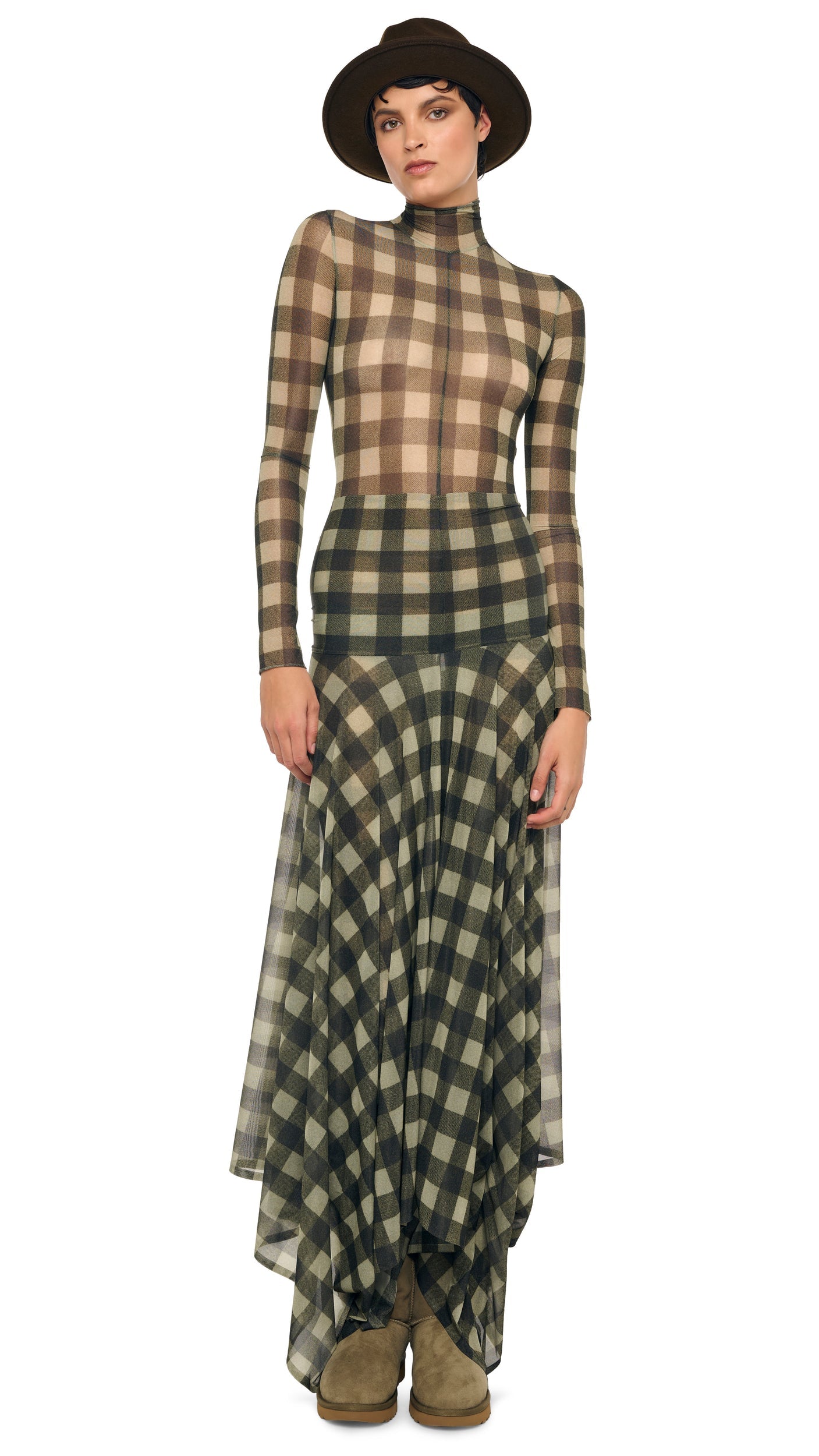 LONG SLEEVE SLIM FIT TURTLE CATSUIT Bark Box Plaid | Norma Kamali Women