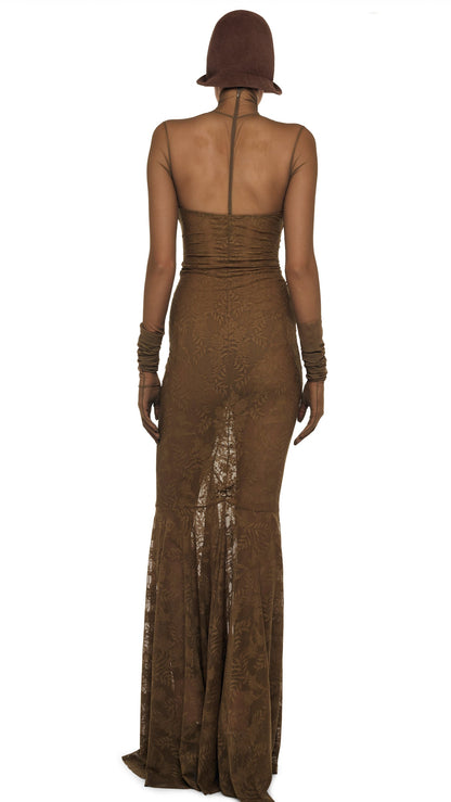LONG SLEEVE SLIM FIT TURTLE CATSUIT Bark | Norma Kamali Women