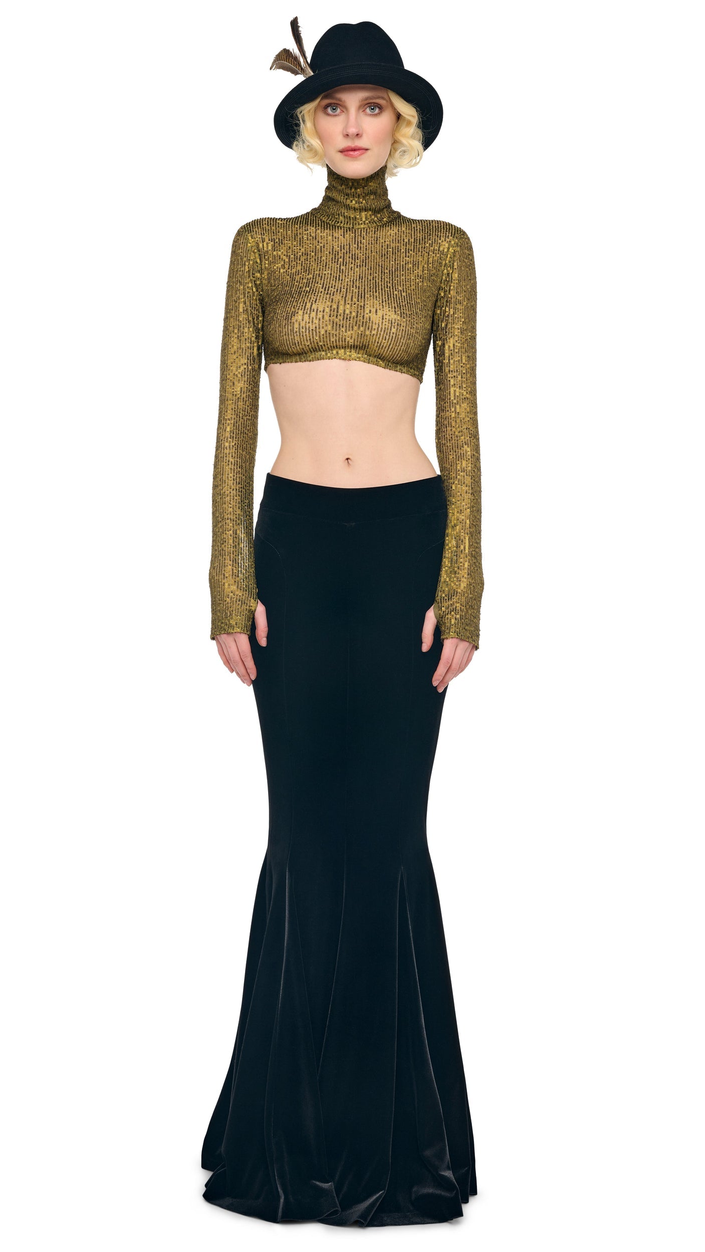 LONG SLEEVE TURTLE CROPPED TOP Bark | Norma Kamali Women