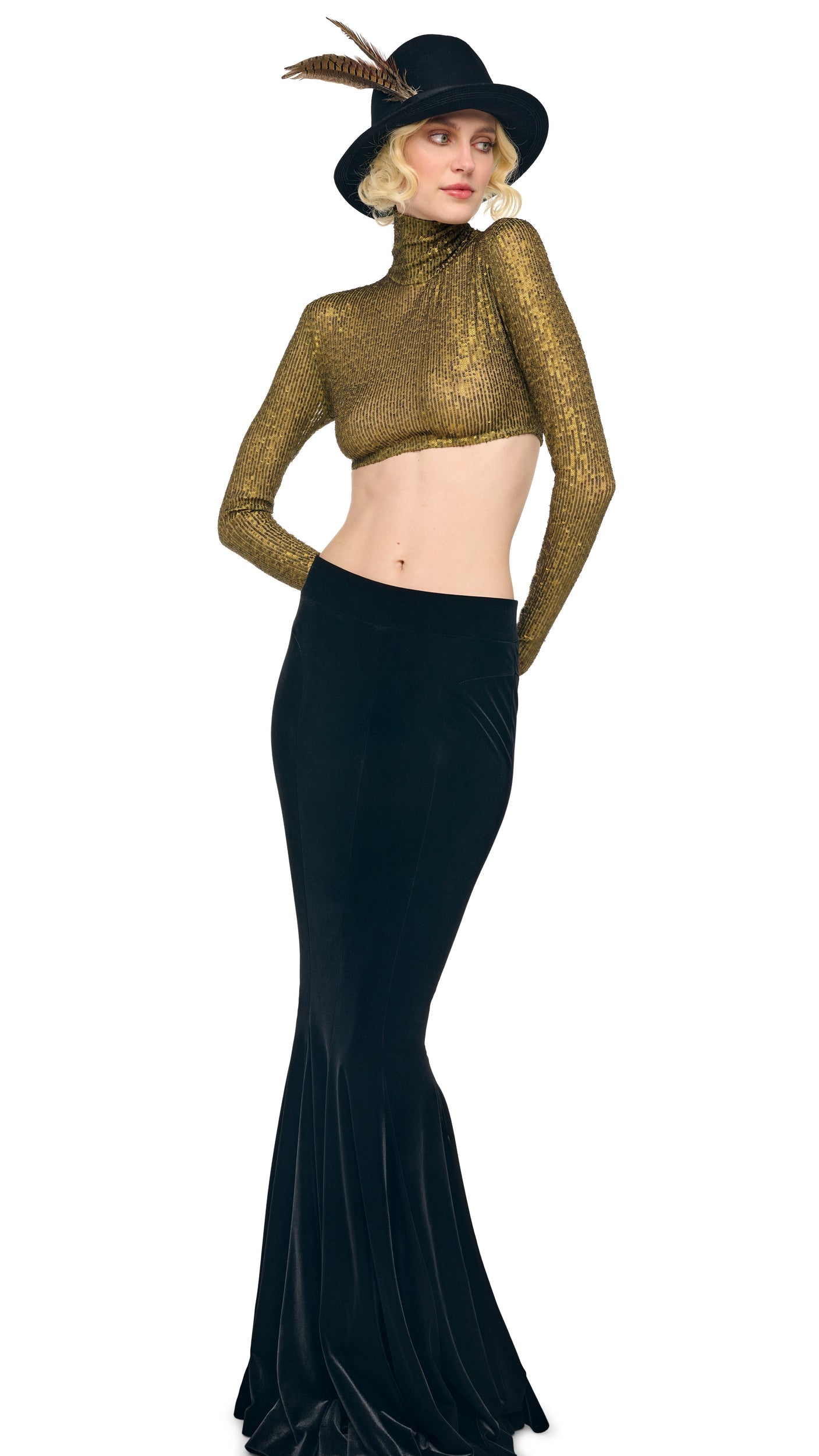 LONG SLEEVE TURTLE CROPPED TOP Bark | Norma Kamali Women