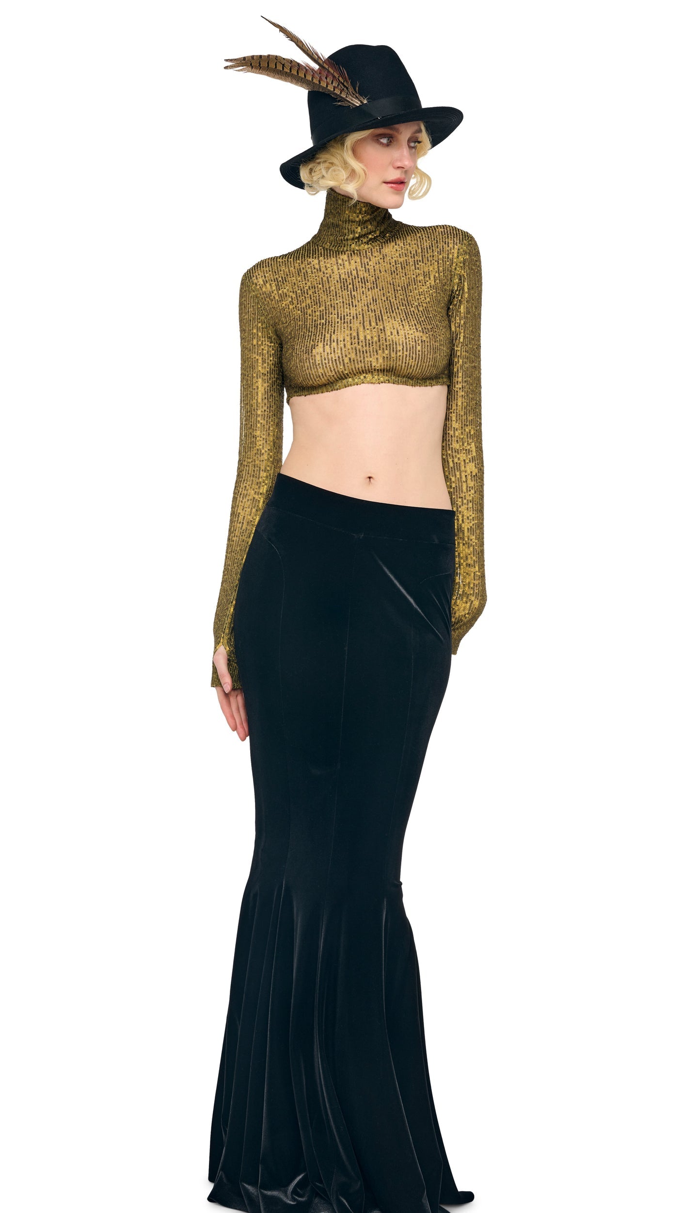 LONG SLEEVE TURTLE CROPPED TOP Bark | Norma Kamali Women