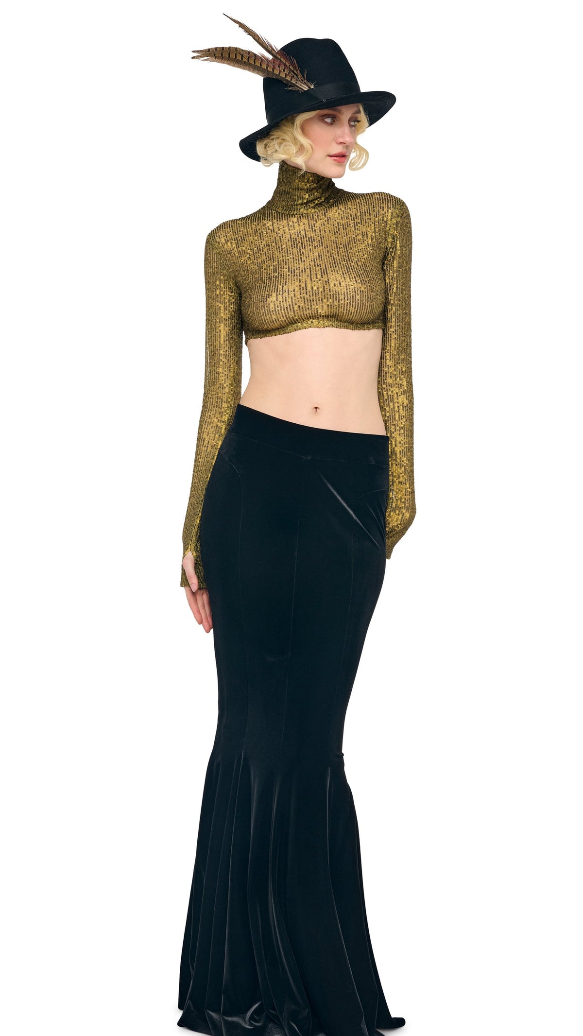LONG SLEEVE TURTLE CROPPED TOP Bark | Norma Kamali Women