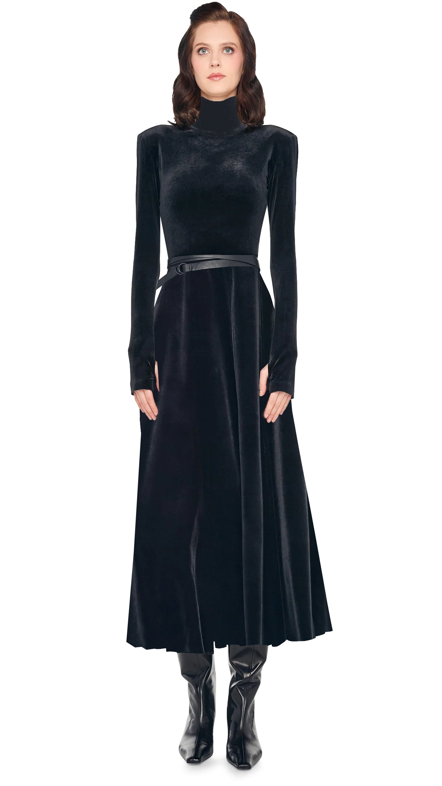 LS SHOULDER PAD TURTLE FLARED DRESS Black | Norma Kamali Women