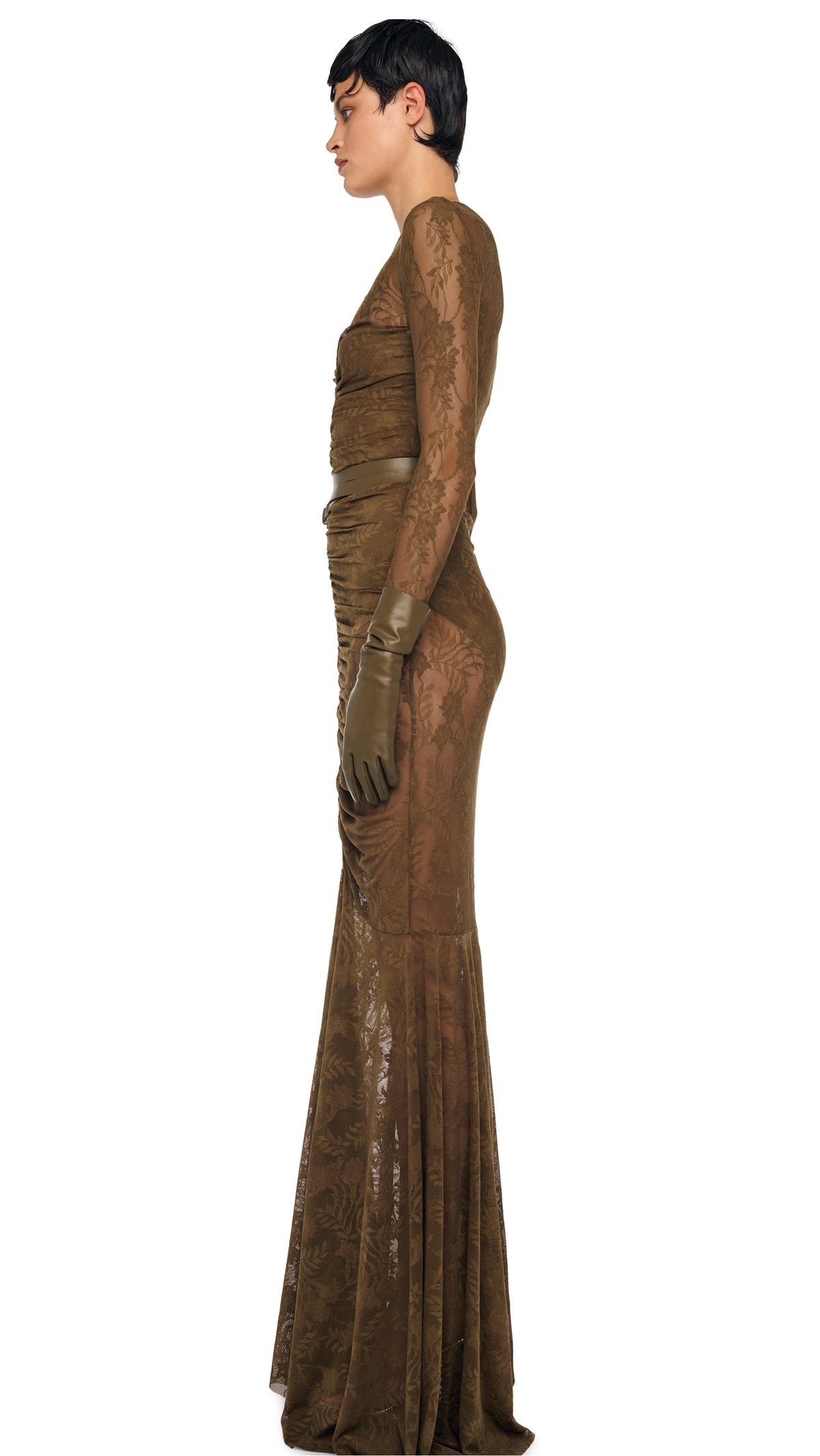 V NECK SHIRRED FRONT FISHTAIL GOWN Bark | Norma Kamali Women