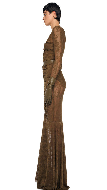 V NECK SHIRRED FRONT FISHTAIL GOWN Bark | Norma Kamali Women