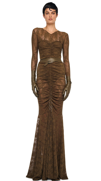 V NECK SHIRRED FRONT FISHTAIL GOWN Bark | Norma Kamali Women