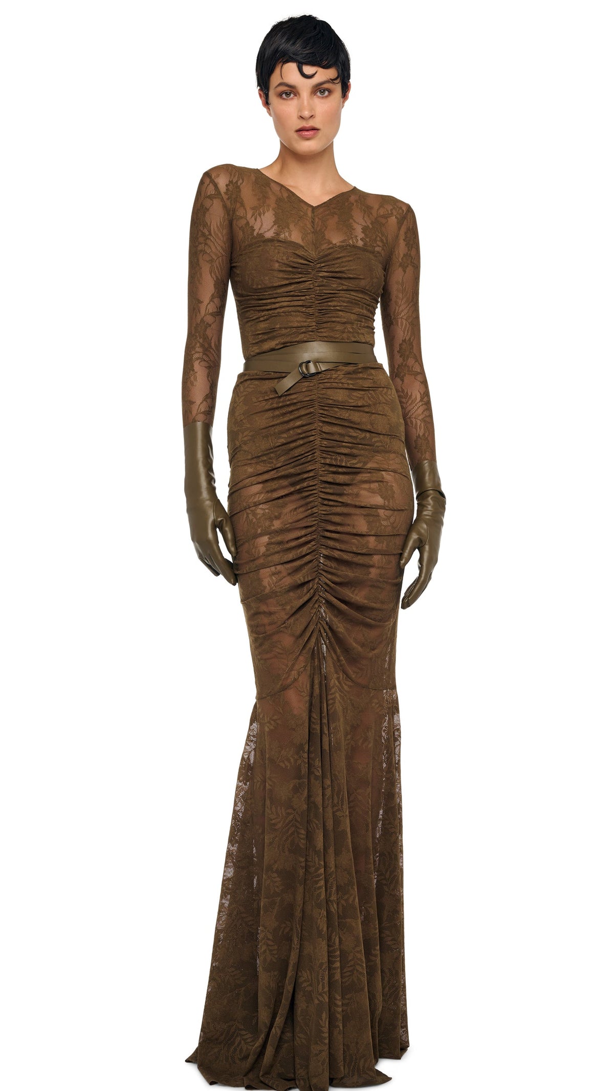 V NECK SHIRRED FRONT FISHTAIL GOWN Bark | Norma Kamali Women