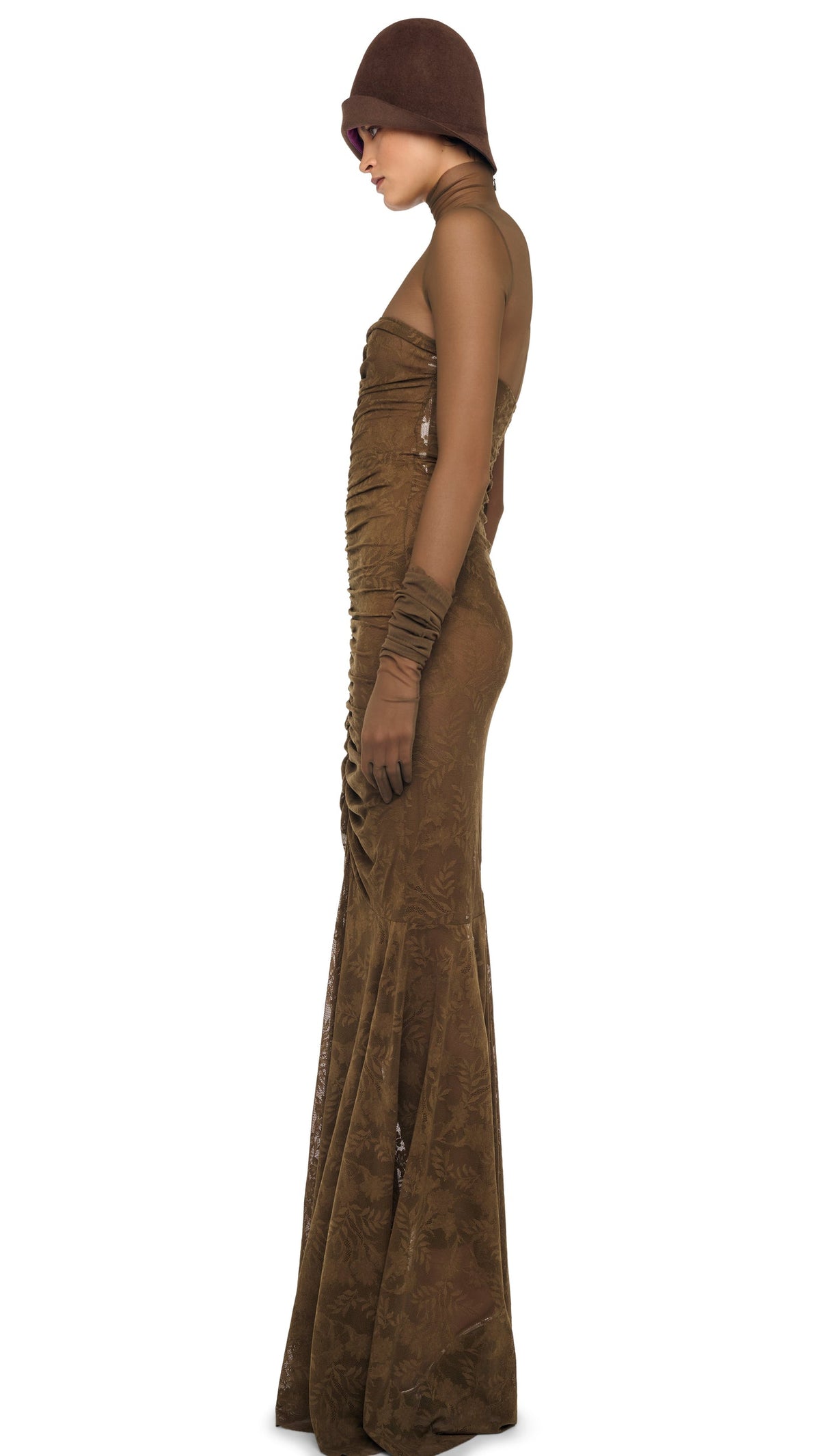 STRAPLESS SHIRRED FRONT FISHTAIL GOWN Bark | Norma Kamali Women