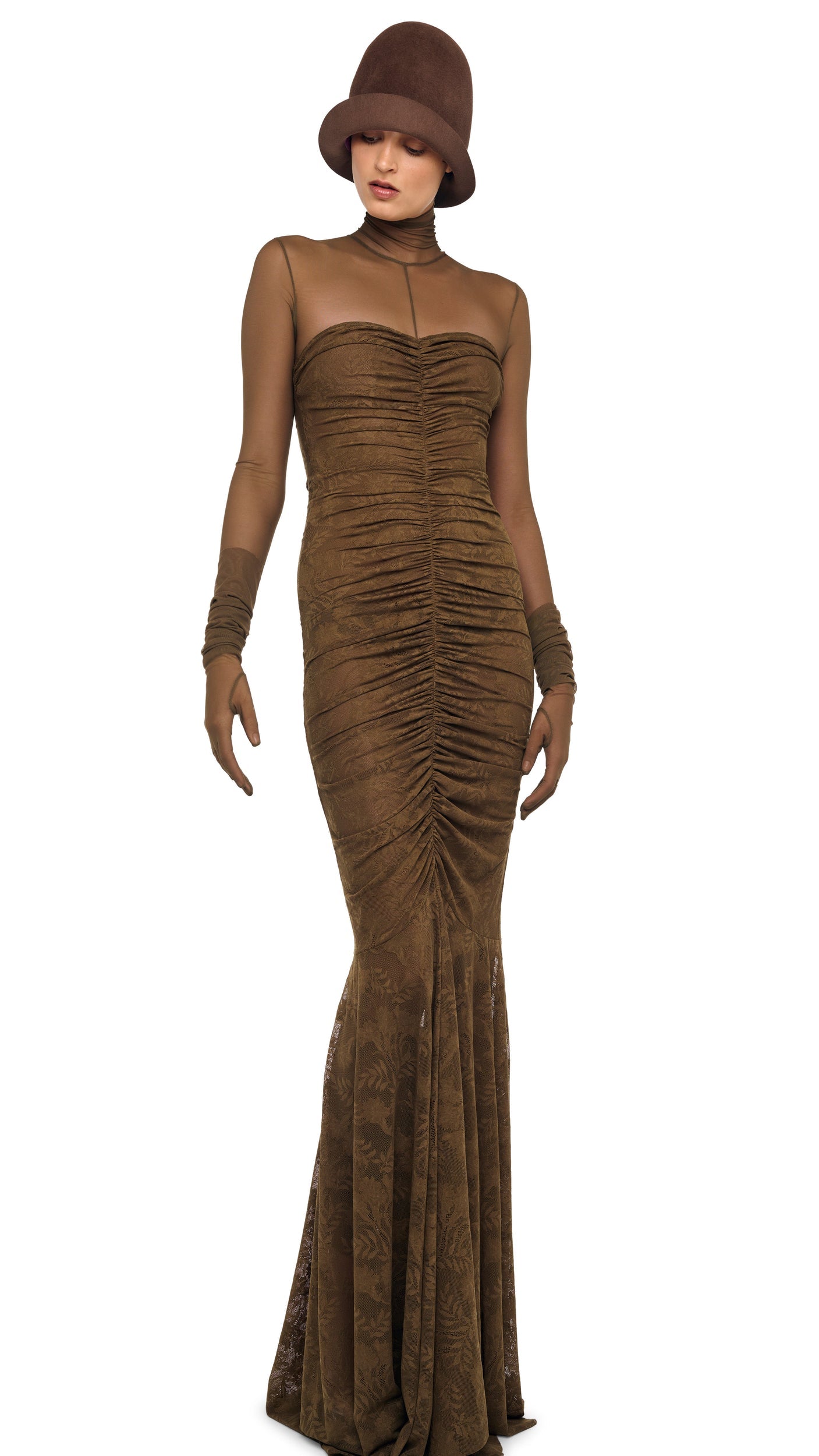 STRAPLESS SHIRRED FRONT FISHTAIL GOWN Bark | Norma Kamali Women