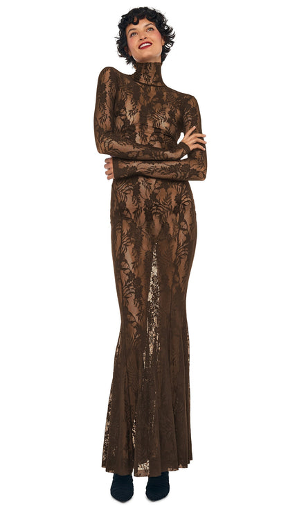LONG SLEEVE TURTLE FISHTAIL GOWN Bark | Norma Kamali Women