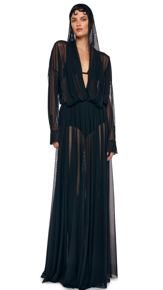 HOODED SUPER OS BF NK SHIRT FLARED GOWN Black | Norma Kamali Women